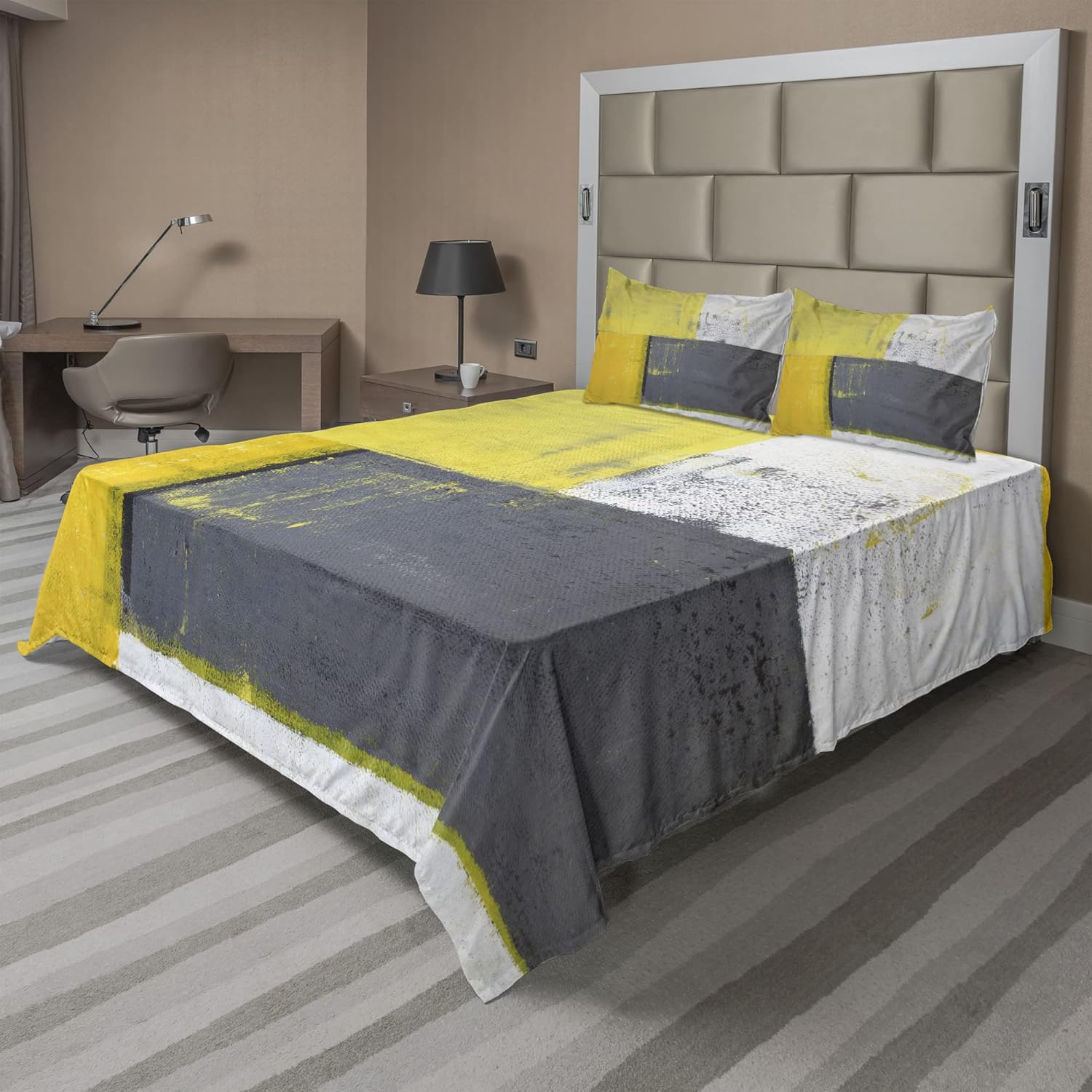 Ambesonne Grey and Yellow Sheet Set, Street Art Modern Grunge Abstract Design Squares, Fitted and Flat Sheet with Pillowcases Bedding Accent 4 Piece Set, Queen, Grey Yellow