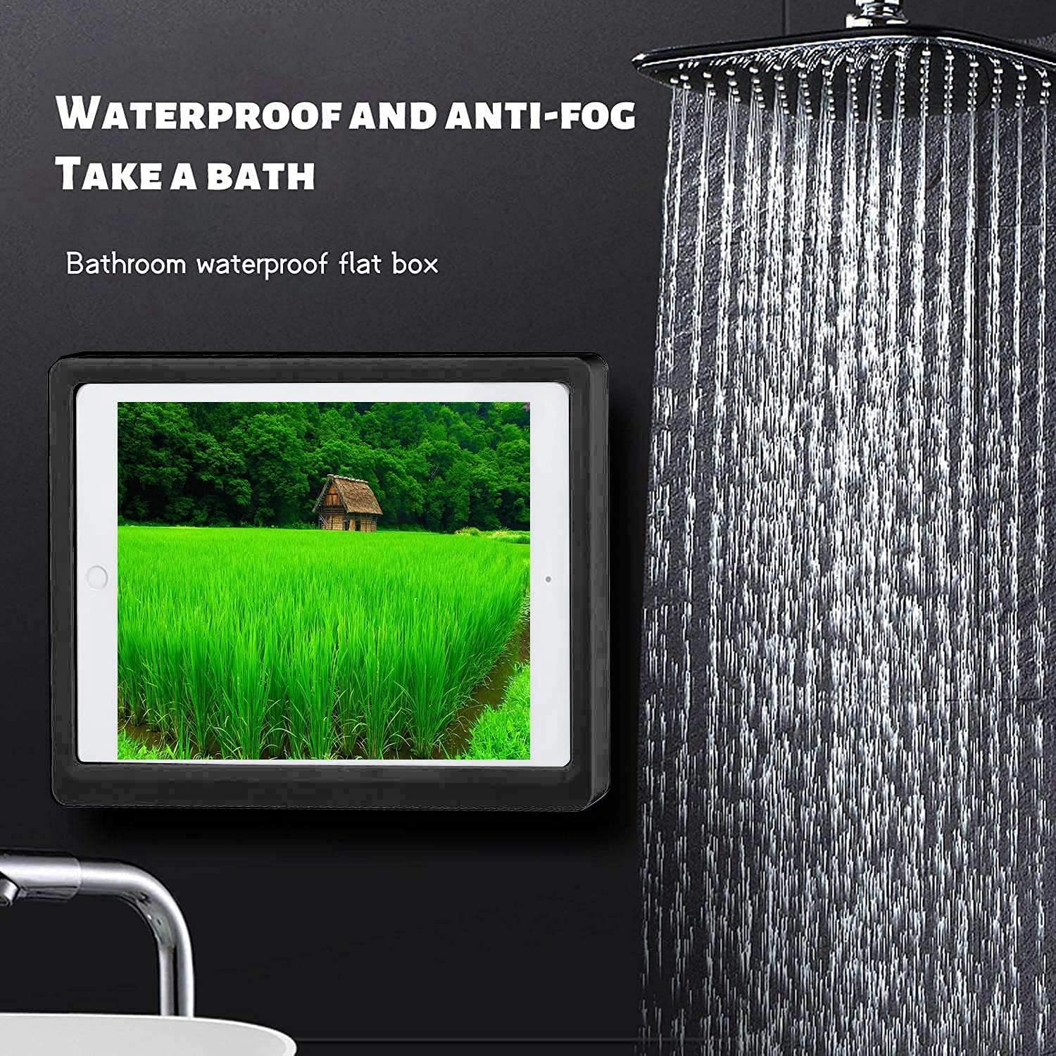 ABHILWY Shower Ipad Holder Waterproof Wall Mounted Upgrade, Bathroom Tablet Case Mount Shelf 360° Rotation, Adhesive Touchable Cradle with Glass Mirror Anti-Fog Screen for Bathtub Kitchen Black R