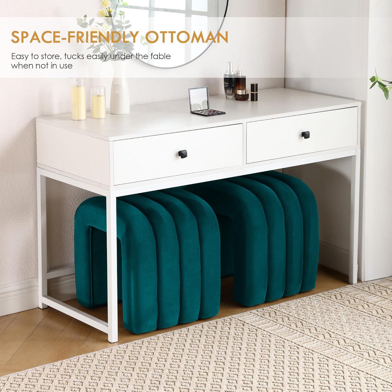 ONEVOG Velvet Pouf Ottoman, Small Ottoman Foot Rest for Couch, 18 Inch Cute Vanity Chairs for Makeup, Living Room Decorative, Sturdy Frame, Upholstered Modern Footrest for Bedroom, Dorm, Teal