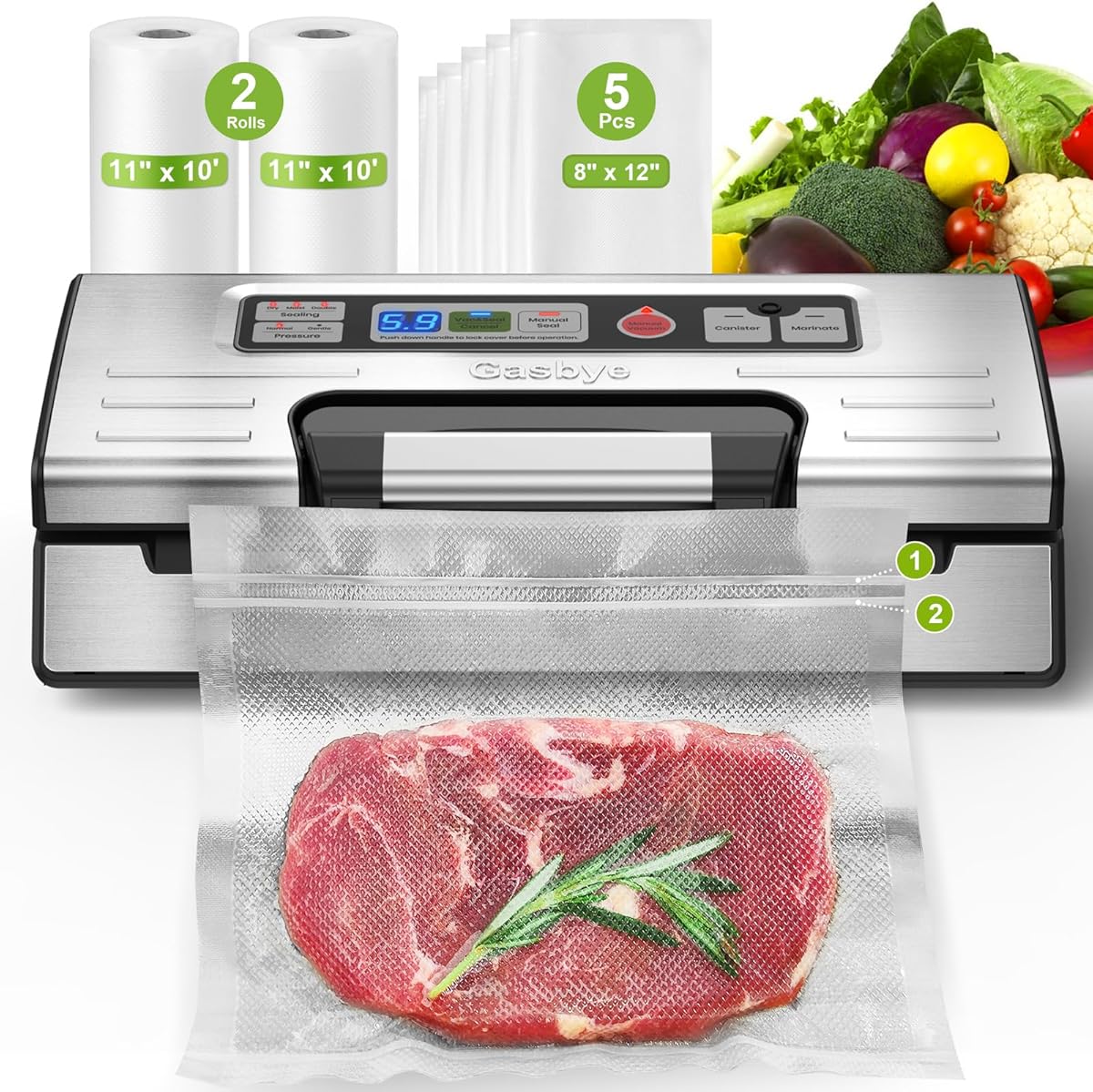 95kPa Precision Vacuum Sealer Machine, Double Heat Seal for Dry/Moist Food, Easy-Lock Handle, Built-in Bag Storage & Cutter, Progress Display, Pulse Mode, Removable Drip Tray, Silver