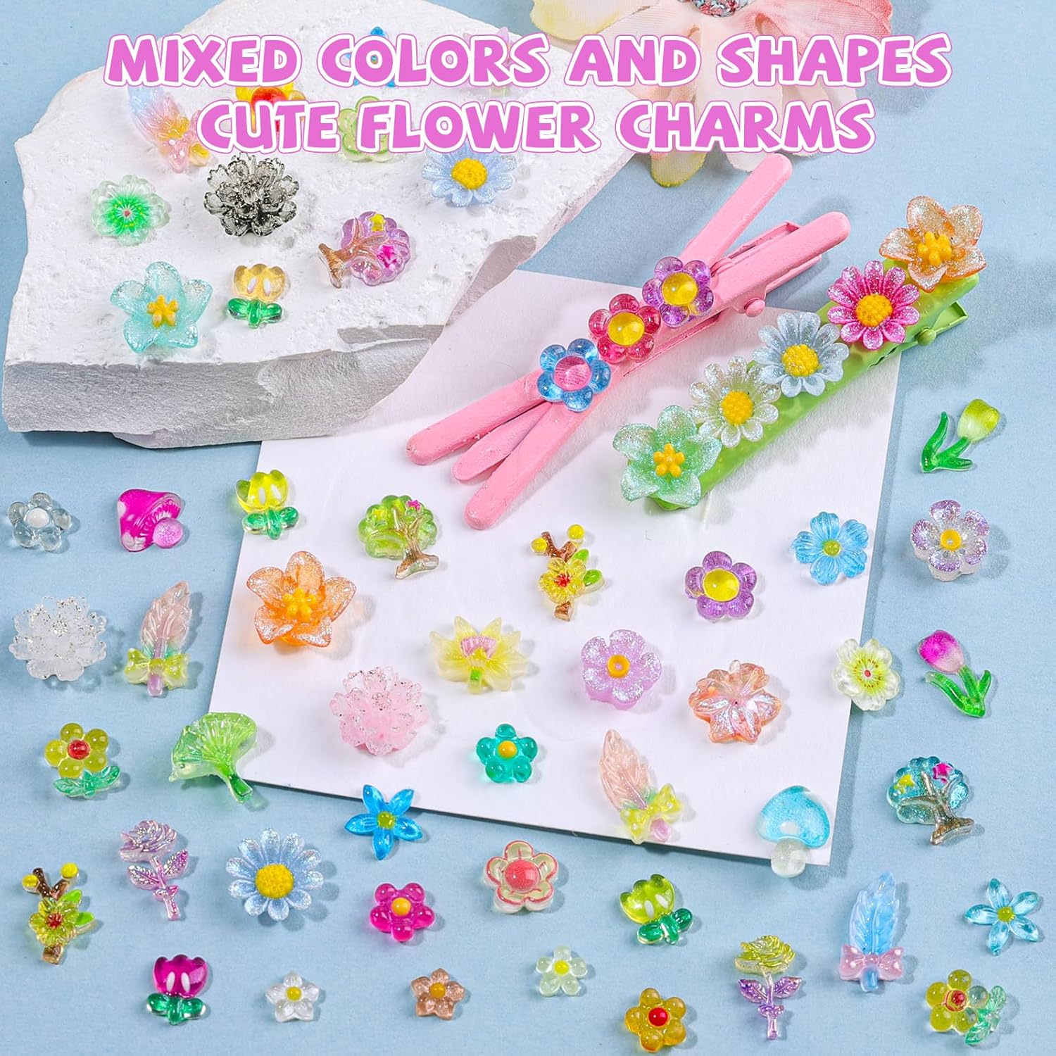 400Pcs Flowers Slime Charms, Assorted Cute Embellishments Kawaii Slime Mixed Colors Daisy Bulk Flatback Resin Charms for Junk Case Nail Scrapbooking Crafts Making(TransparentFlowers) - Image 4