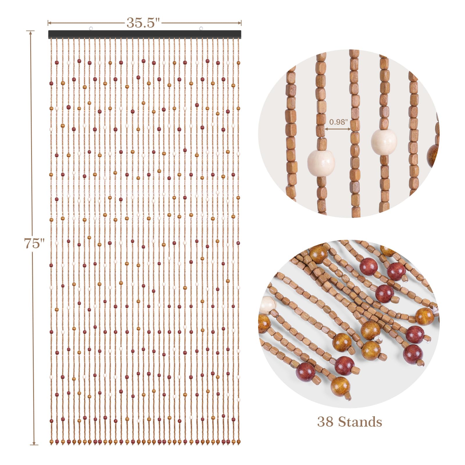 BECHAEO Rideau de porte en perles bohème fait à la main pour porte, rideau de perles à suspendre pour couloir, placard, chambre à coucher, salon, séparateur de pièce hippie, rustique, esthétique, 90 x