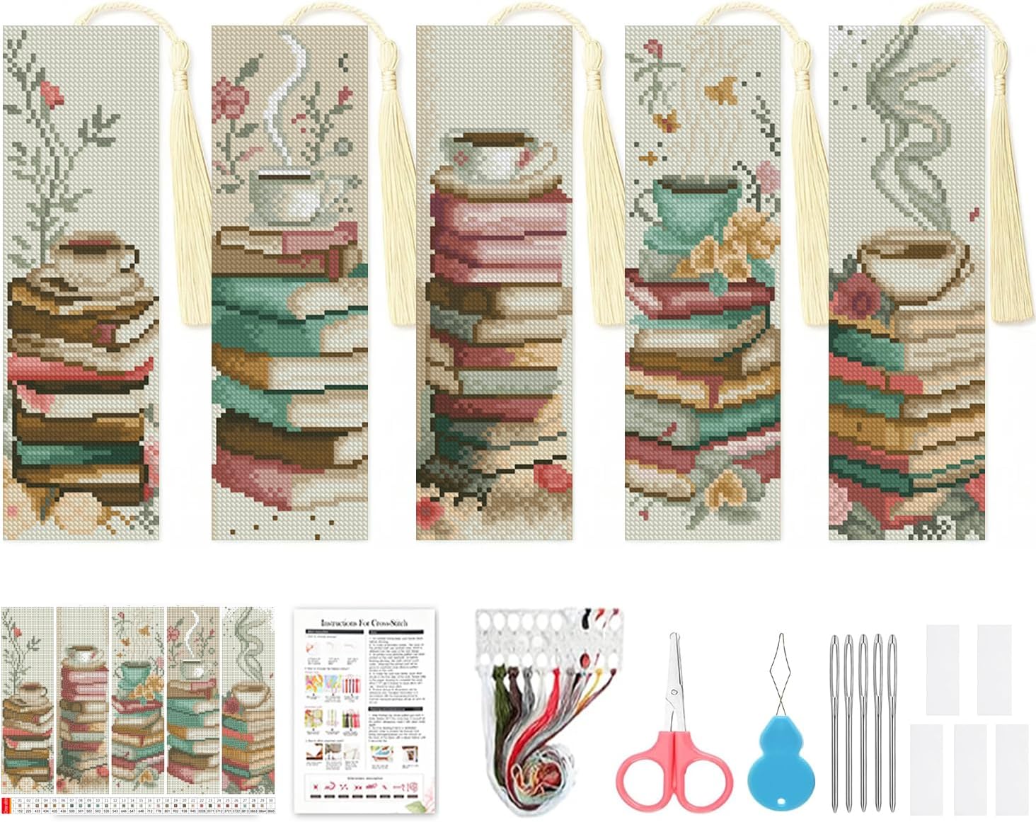 VIGEGU 5 Pack Cross Stitch Kits for Beginners,Coffee Stamped Cross Stitch Kits Bookmarks for Women,14ct Cross Stitch Embroidery Kit for Beginners Crafts for Adults