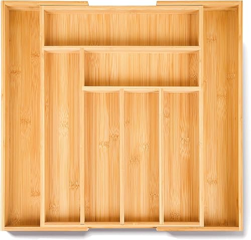 Miniatura 1 de Organizador de cajones expandible 100% de bambú, bandeja ajustable para utensilios y cubiertos para almacenamiento de cocina, oficina y baño.
