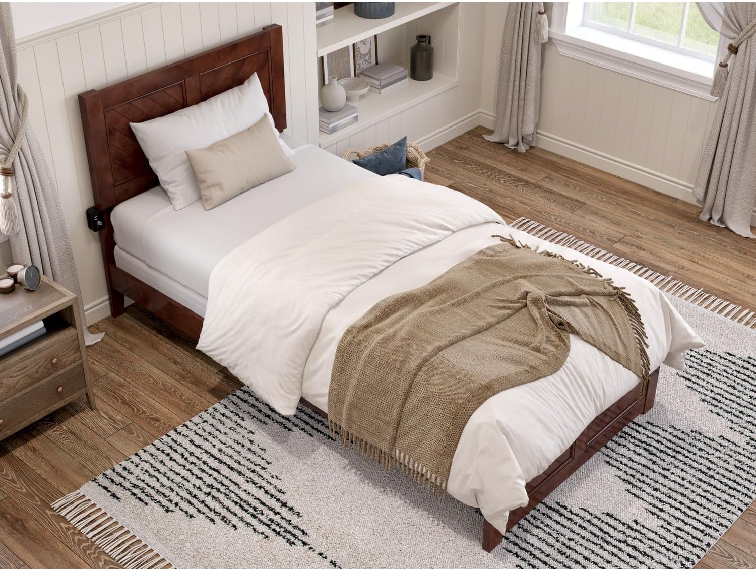HomeStock Twin XL Foundation Bed Frame with Matching Footboard in Walnut