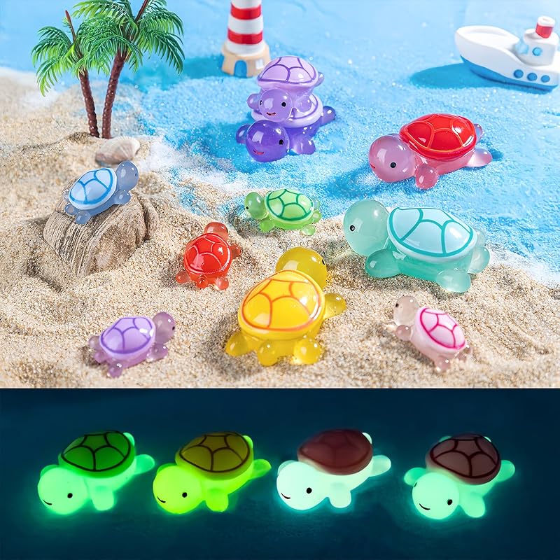 15pcs Luminous Mini Resin Turtles, Cute Tiny Turtle Figurines Glow in The Dark, for Fairy Garden Accessories, Cake Topper, Ocean Animal Theme Decor, DIY Outdoor Micro Landscape, Hidden Game