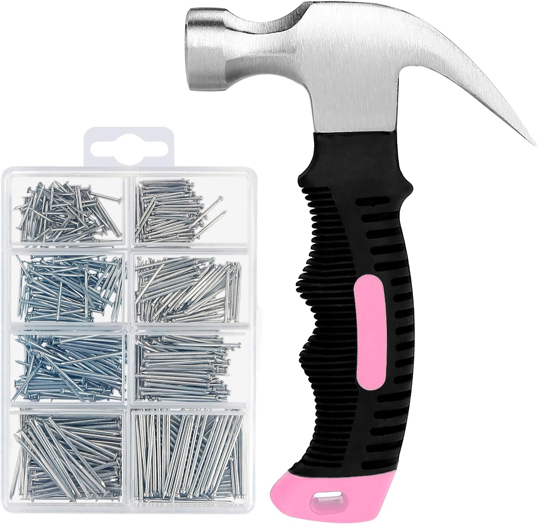 KURUI 700PCs Small Nails for Hanging Pictures & 8oz Small Hammer for Women, Pink Tool for Hanging Canvas Wall Art/Tapestry/Frame, Hardware Nails Assortment Kit for Living Room/Bedroom/Outdoor Decor