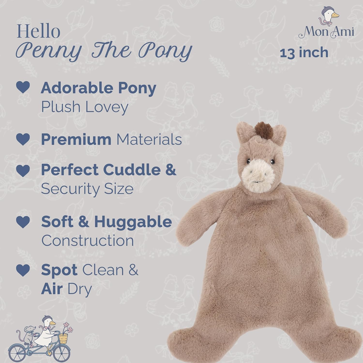 MON AMI Penny The Pony Security Blankie – 13 Inches Plush Stuffed Animal Lovey | Soft Pony Comfort Blanket for Babies | Knotted Soothing Toy | Perfect Newborn Essential for Birthdays & Baby Showers