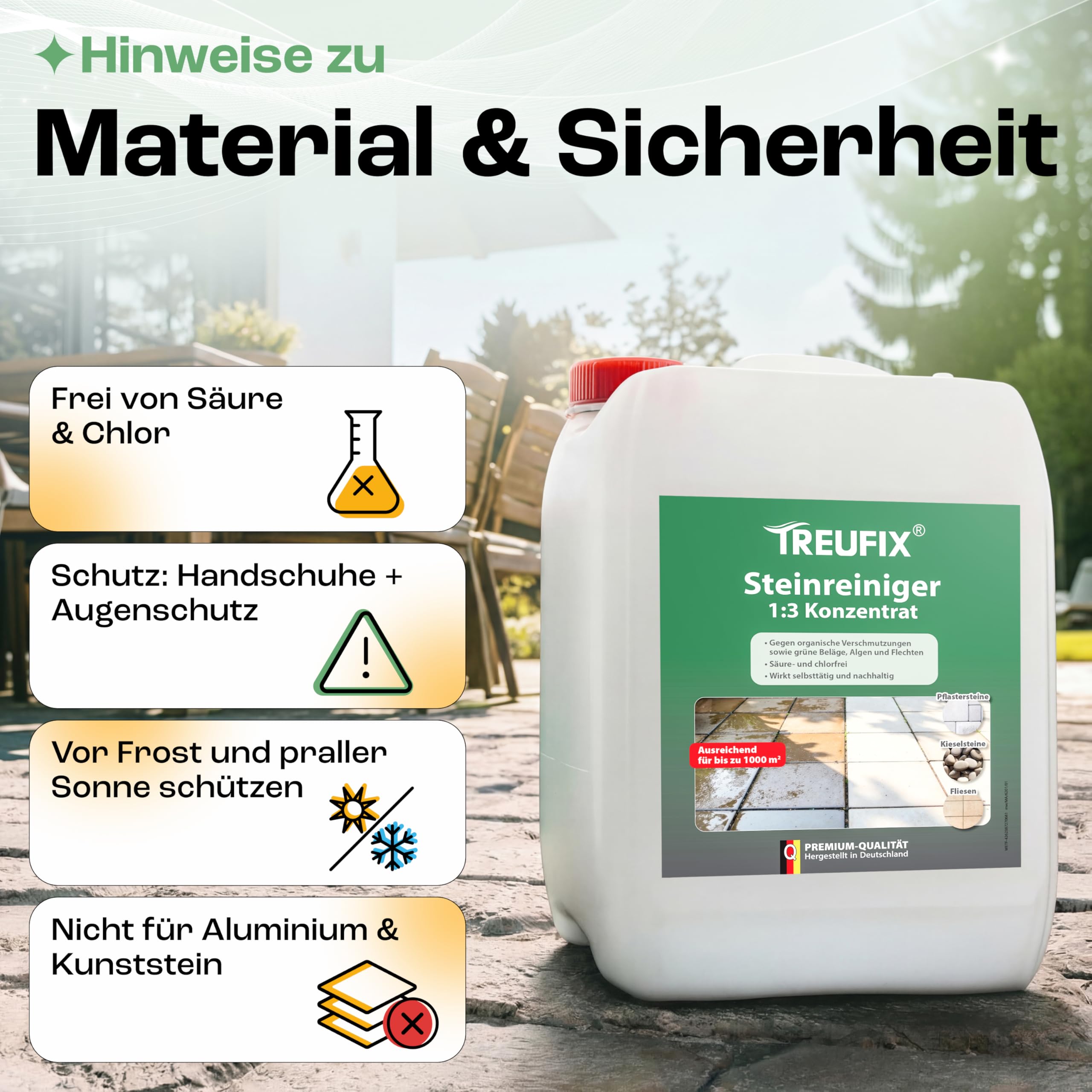 Treufix Steinreiniger Konzentrat 5L für Pflastersteine & Terrasse | Profi Steindusche Hof & Wege kraftvolle Reinigung gegen Schmutz, Algen, Grünbelag & organische Verschmutzungen – Made in DE