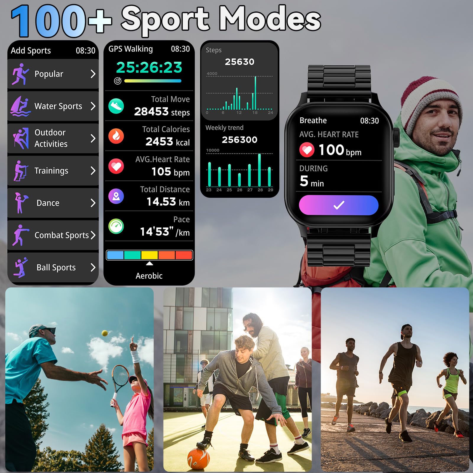Smartwatch Uomo Donna con 2 Cinturini, 1.85" Orologio Digitale con Rispondi/Effettua Chiamate, 100+ Modalità Sportive Fitness Tracker con Monitoraggio del Sonno/Contapassi per IOS/Android