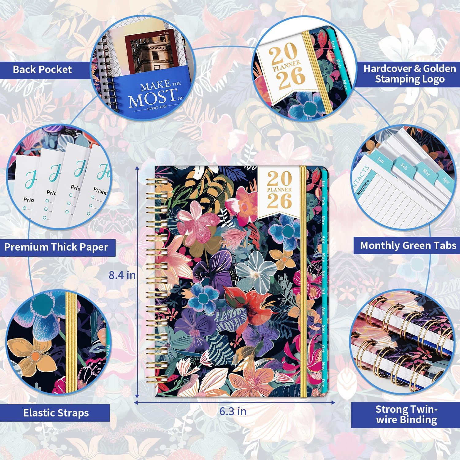 2026 Planner - 2026 Planner Weekly and Monthly, Jan.2026 - Dec.2026, 6.3" x 8.4", Planner 2026 Weekly Monthly Planner with Green Tabs, Twin-wire Binding, Back Pocket - Image 5