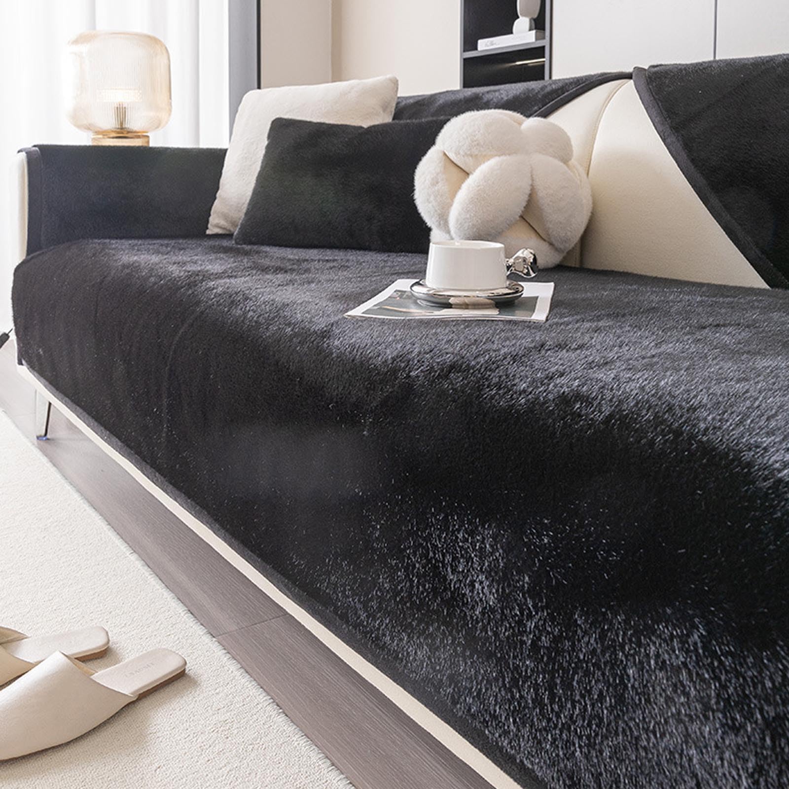 Housses de forme L effet vison noir couvre-canapé molletonné haut de gamme