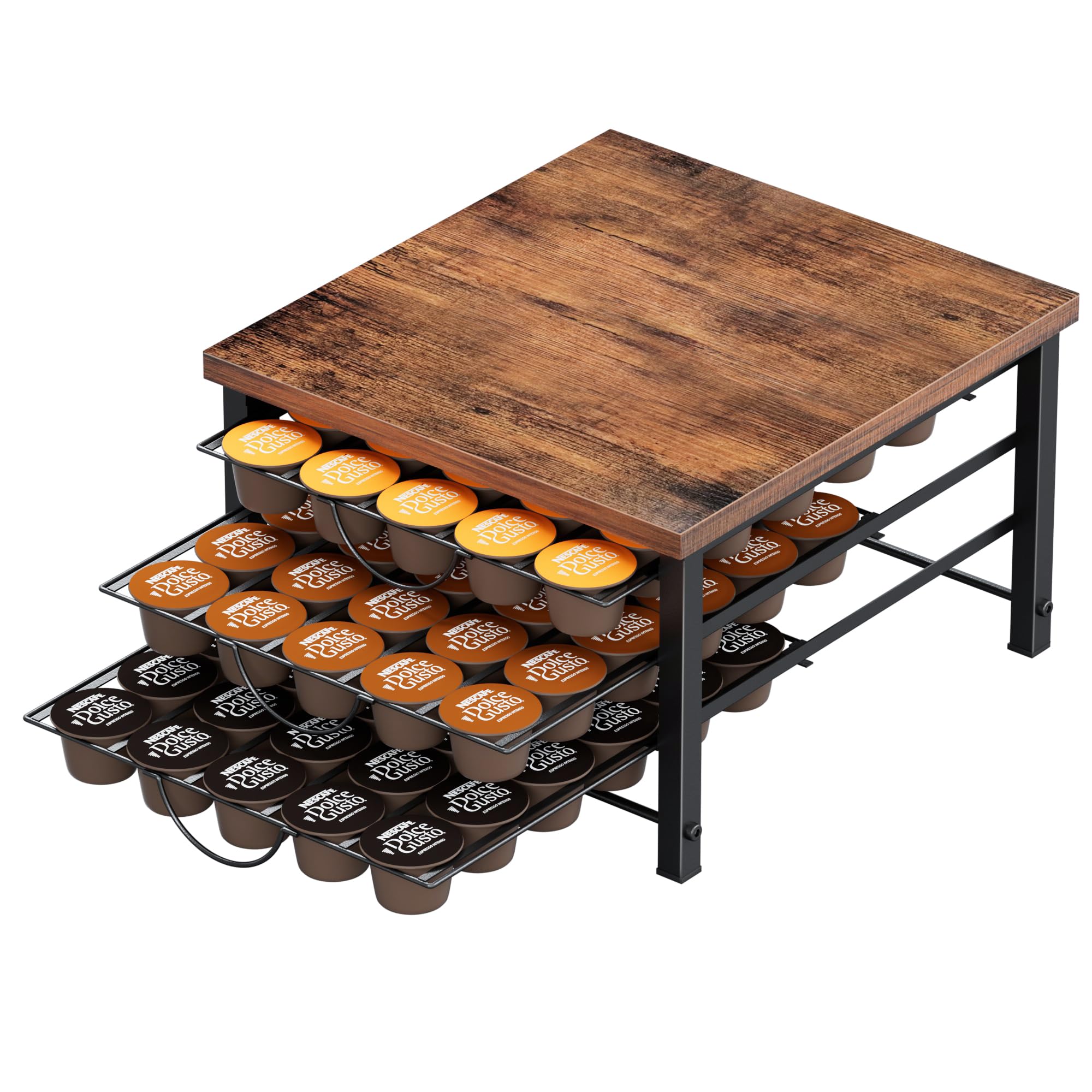 Coffee Pod Holder for Dolce Gusto 90 Capsules Storage Drawer, 3-Tier Thick Metal with Sturdy Wooden Top