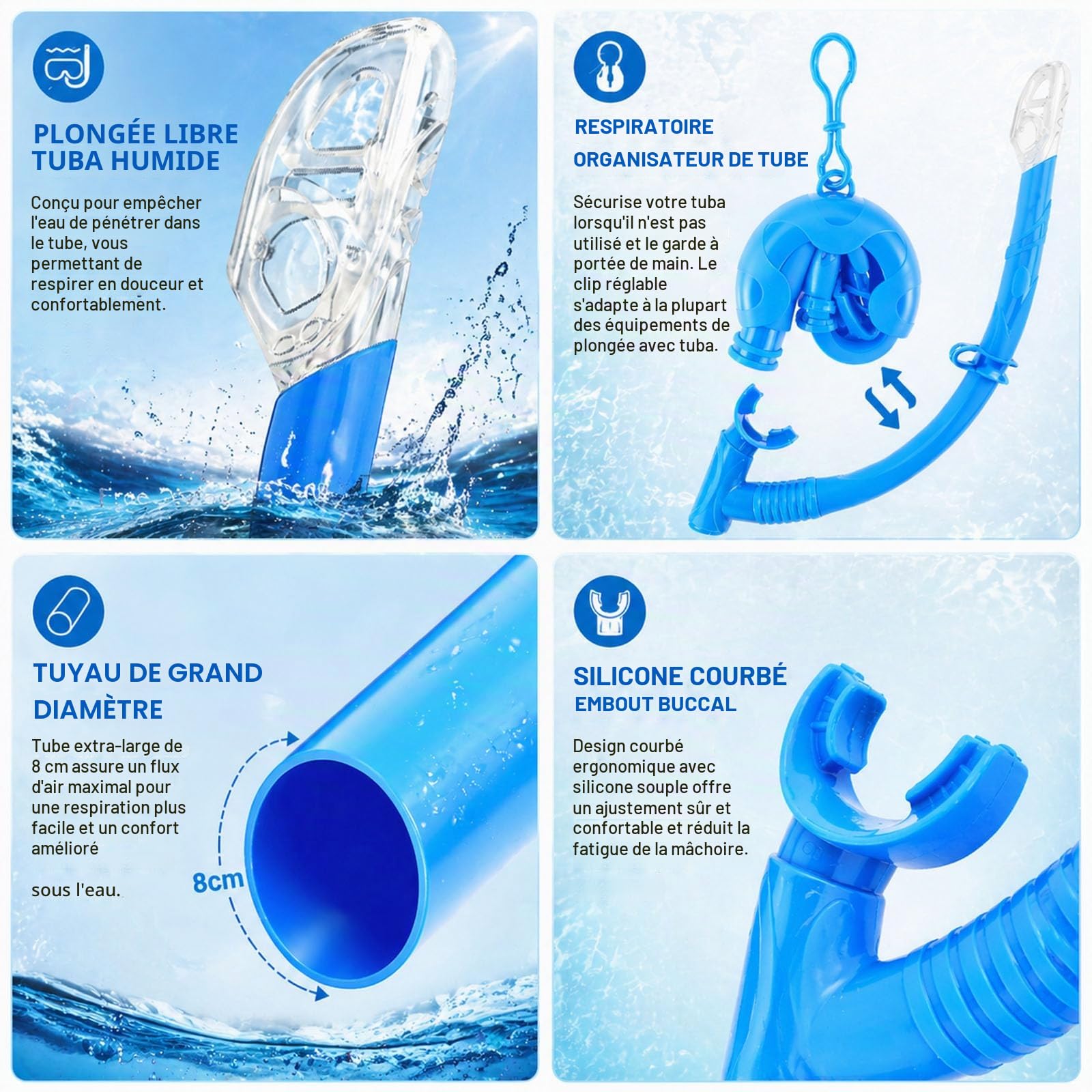 Ensemble de Snorkeling Pgtc pour Adultes, Masque de plongée sans Cadre avec Vue panoramique Ultra-Large, Verre trempé Anti-buée, équipement de plongée Portable avec Sac de Transport