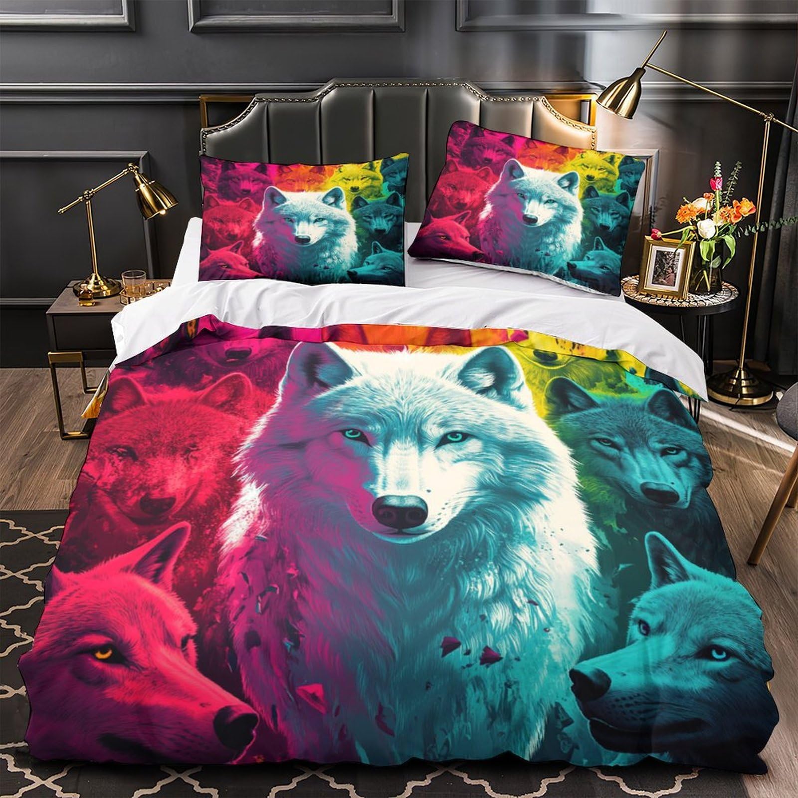 Parure de couette loup 3D drap de lit microfibre hypoallergénique single 140x200 cm