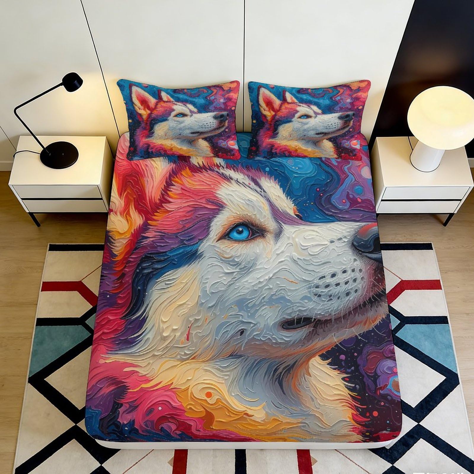 3D Printed Husky Wolf Art Fitted Sheet Microfiber Slip-Resistant Bedroom Decor Colorful Animal Mattress Cover 180x200x25cm