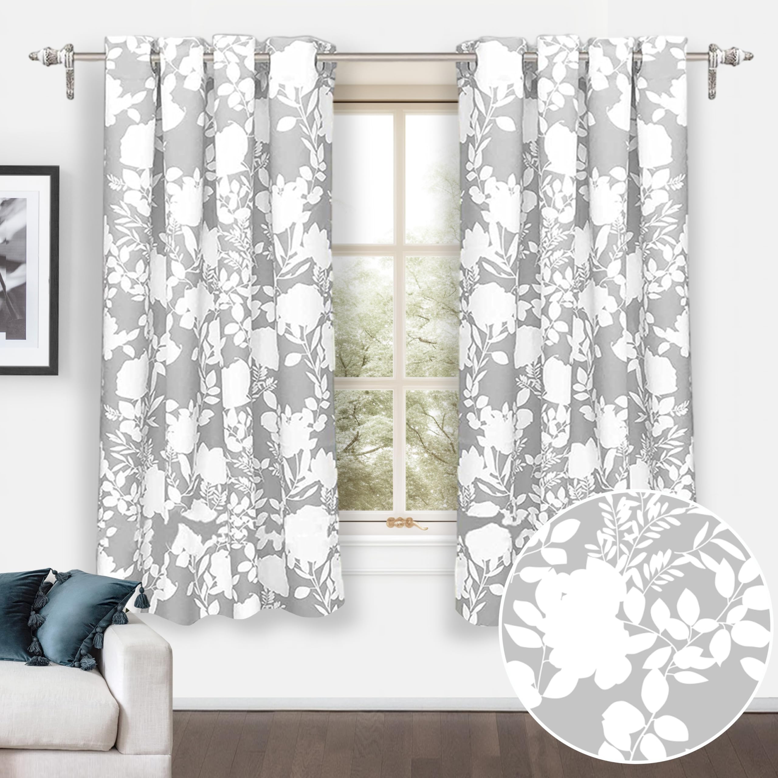 DriftAway Living Room Curtains Gray and White 63 Inches Long Room Darkening Thermal Window Drapes for Bedroom Grommet Farmhouse Leaf Home Decoration 2 Panels
