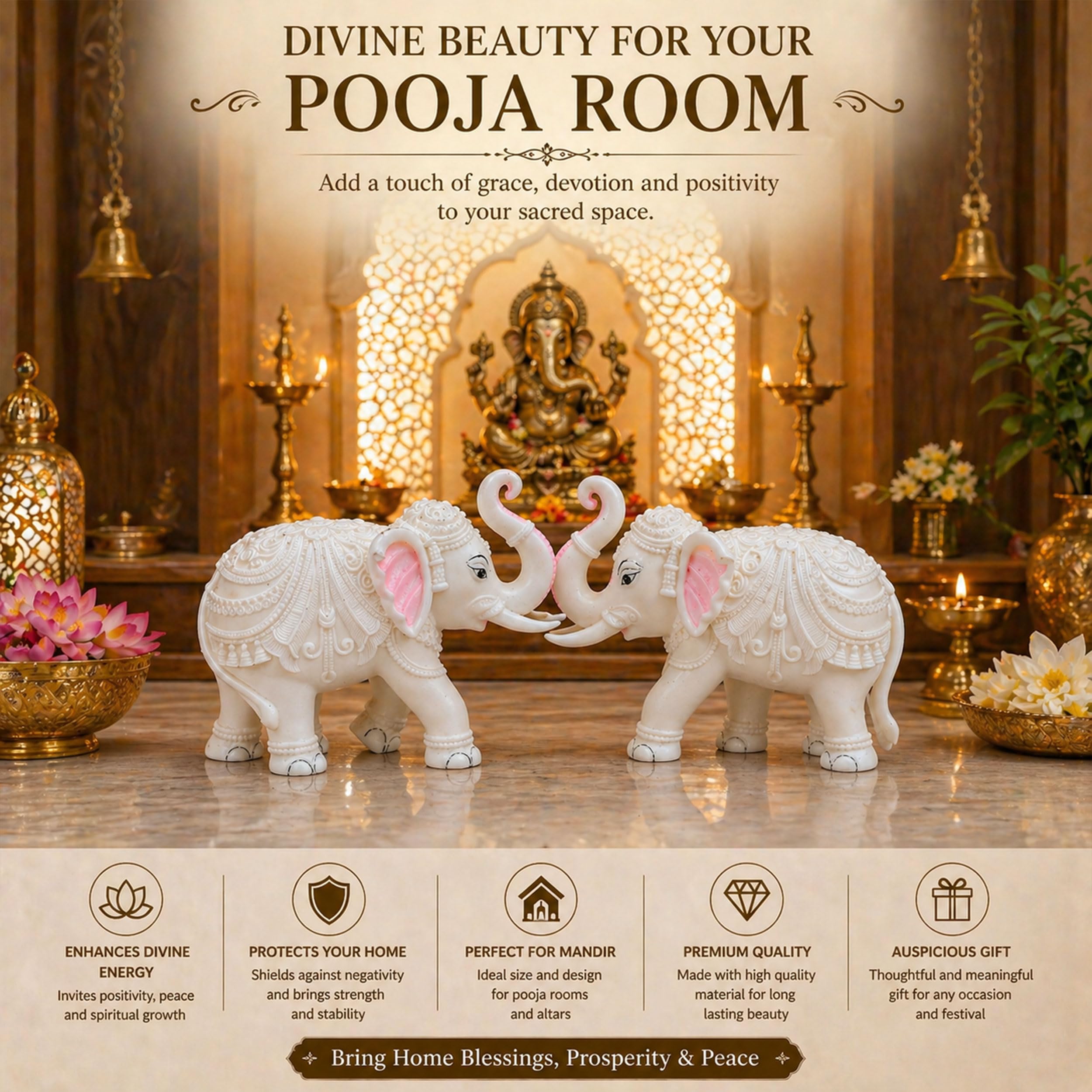 Heavy White Elephant Pair for Mandir Base & Home Temple Decor | 8x10.5 inch Solid Marble Dust Resin Elephant Statues for Corian Mandir Entrance | Vastu Showpiece Set for Living Room — photo — 8 of 8