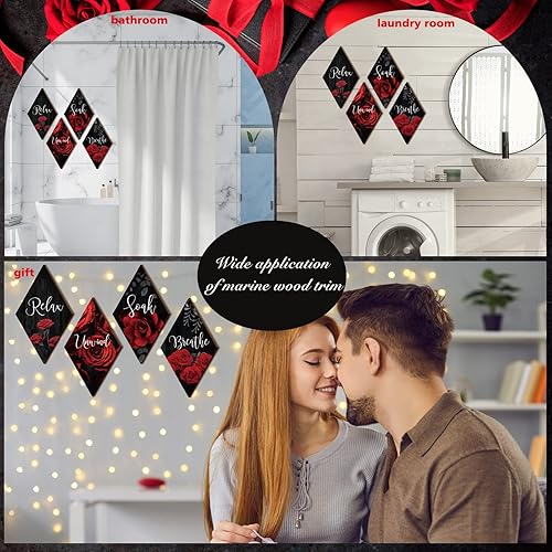 Miniatura 4 de FairySandy 4 piezas de decoración de pared de madera de rosa roja para baño, relajarse, remojar, respirar, respirar, decoración de baño roja y