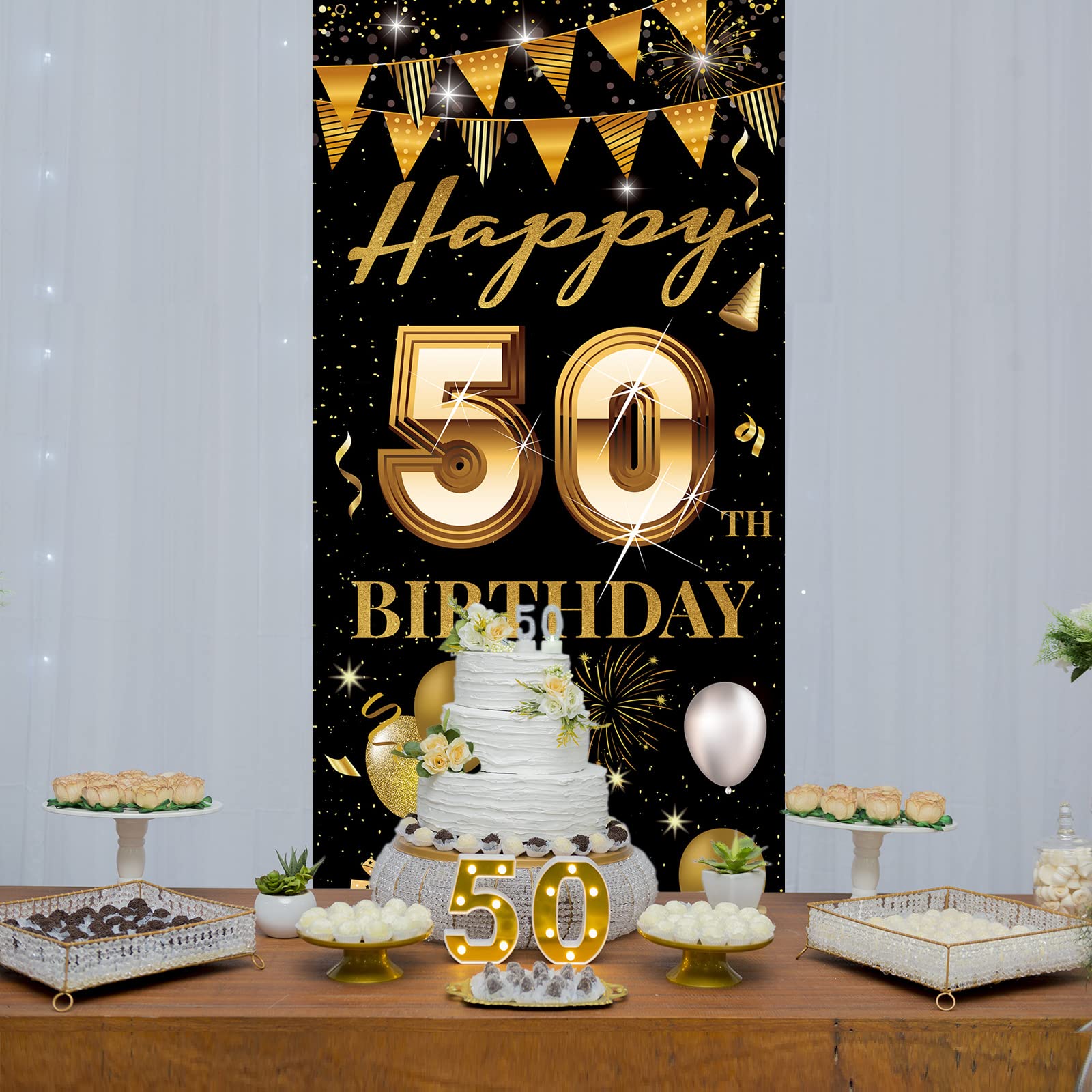 Türabdeckung Zum 50. Geburtstag – Schwarz-Gold Banner Mit Diamant-50, 180 X 89 Cm Für Party-Deko
