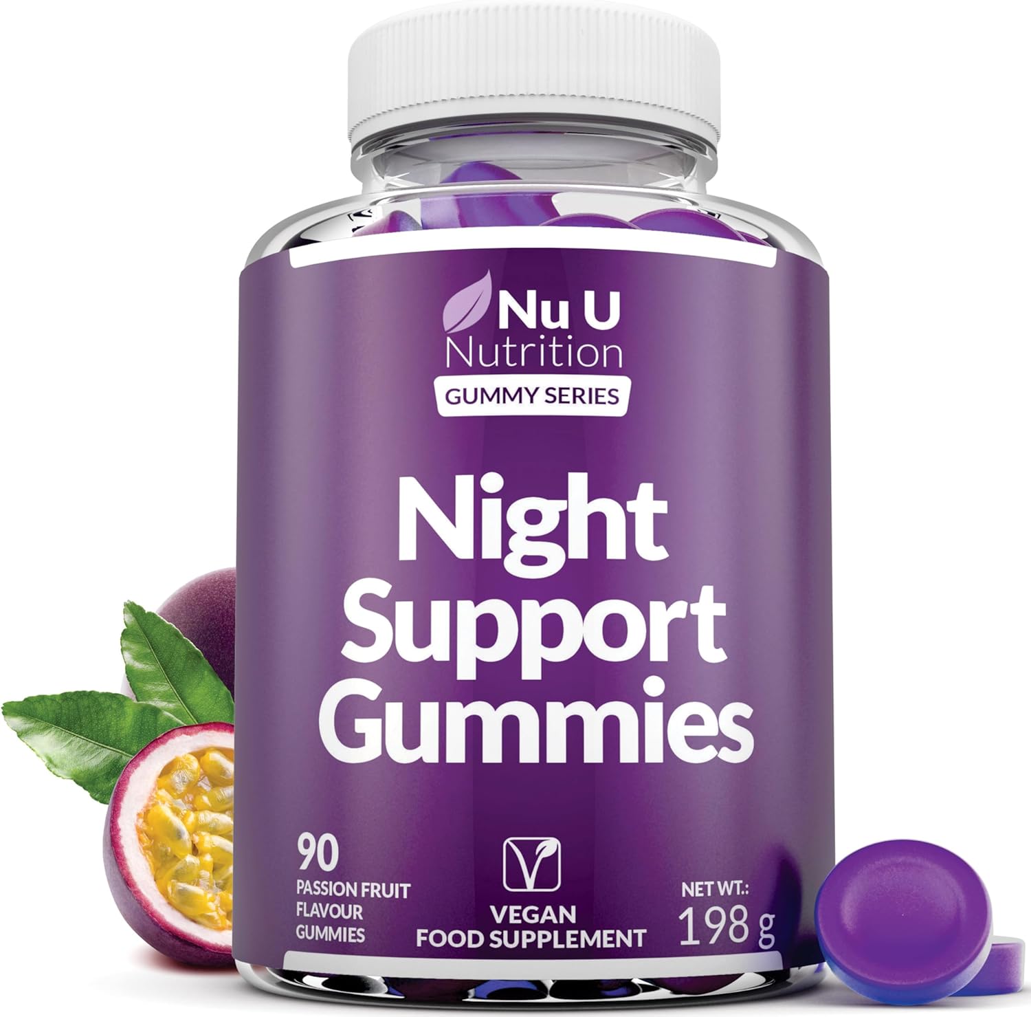 5HTP Night Support – Sleep Gummies for Adults – 90 Vegan Melatonin Alternative Gummies – Passionfruit Taste – High Strength Griffonia Simplicifolia, L-Theanine, Lavender & Chamomile – Nu U Nutrition
