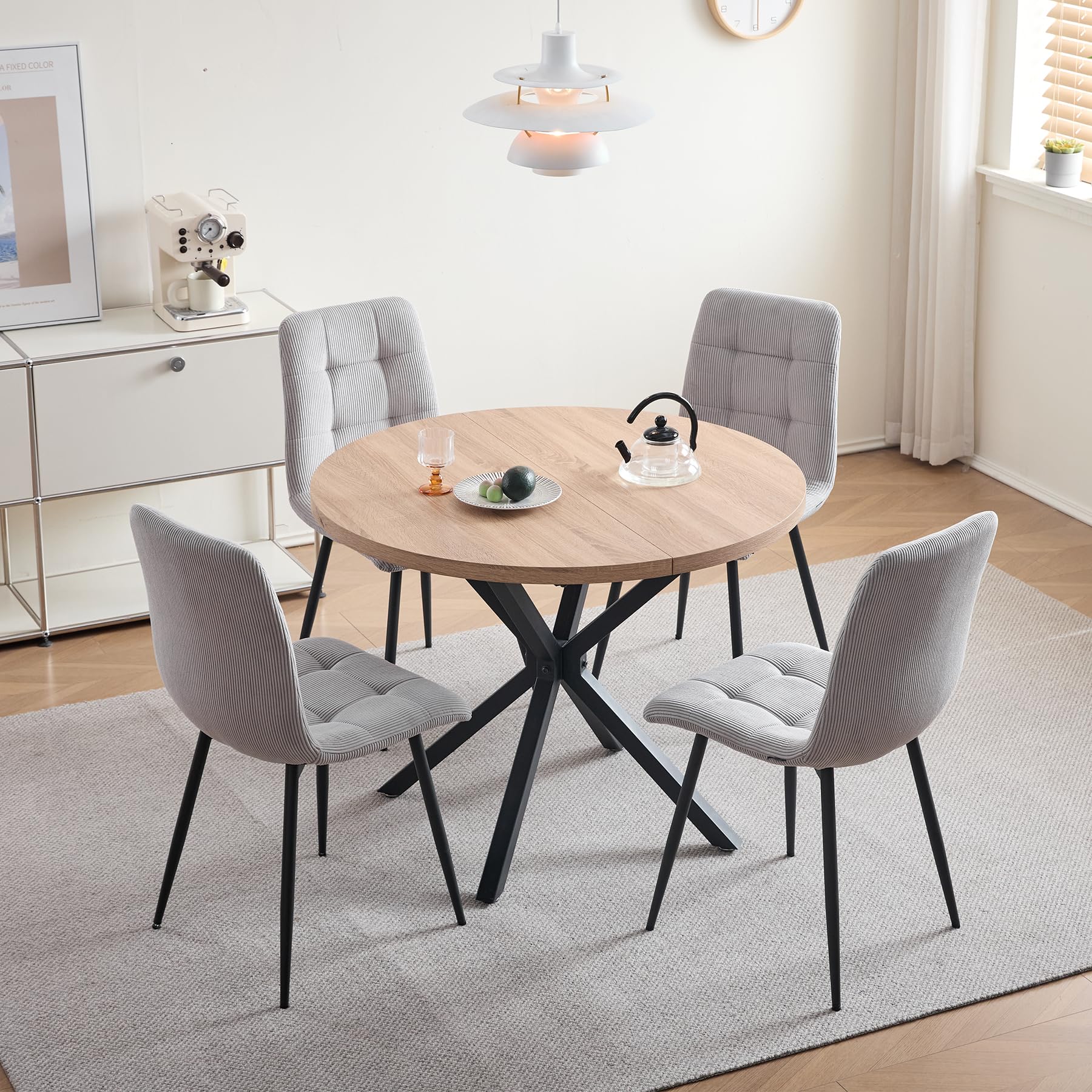 Essgruppe 5-Teilig, 100cm Runder Esstisch und 4 Esszimmerstühle (Cord), Tisch und 4 Stühle für Küche, Wohnzimmer, Balkon, Restaurant, Büro (Helle Holzfarbe+Grau (Cord))