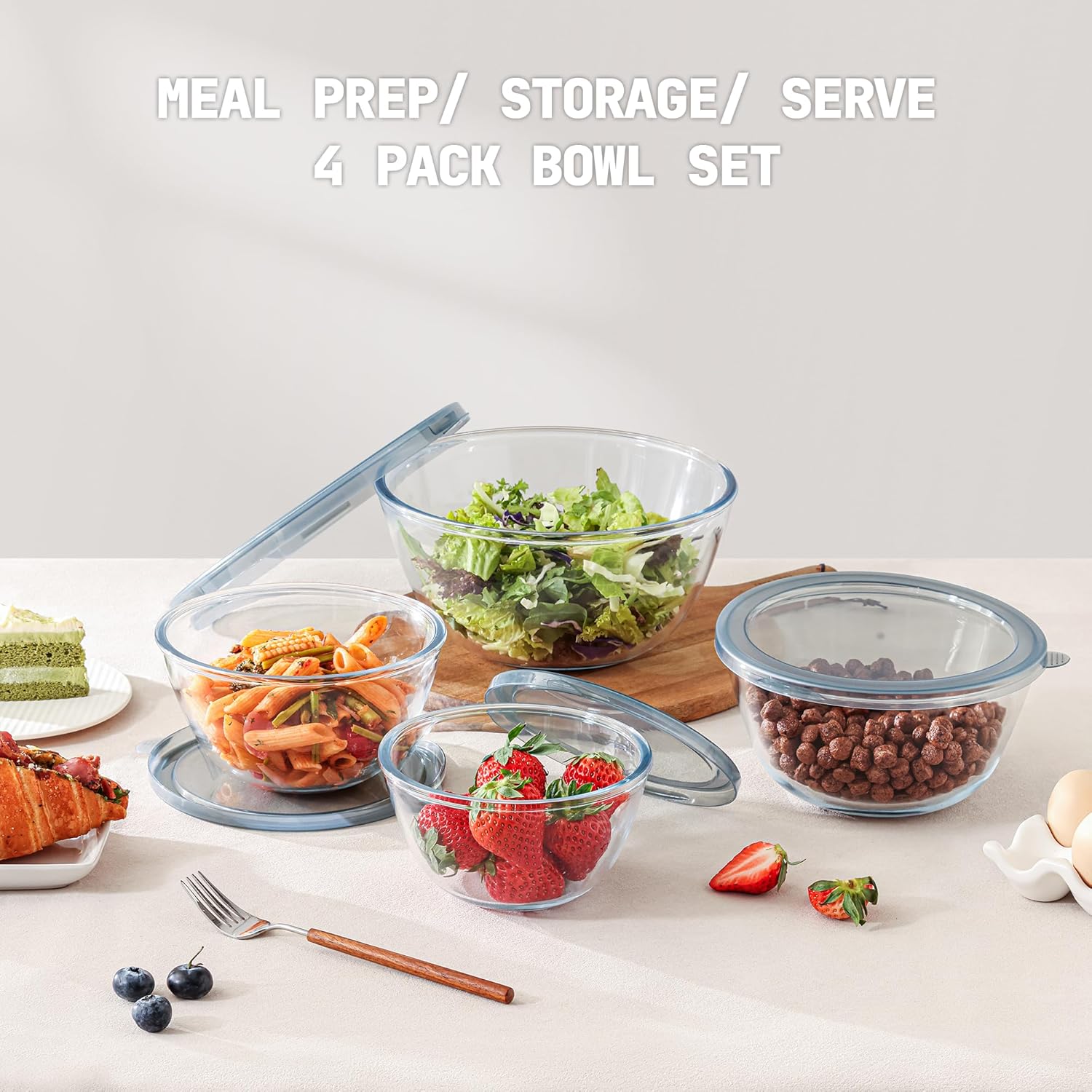 Cuiselect 4pc Glass Mixing Bowls with Lids Set (2.80QT, 1.64QT, 1.16QT, 0.85QT), Thick Salad Bowl, Nesting Glass Mixing Bowl for Cooking, Baking, Prepping-Dishwasher Microwave Freezer Safe