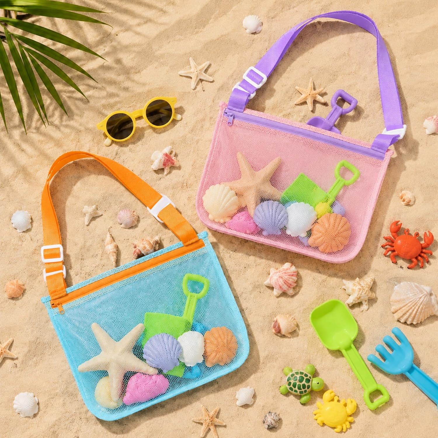 Shell Bags for Beach, Seashell Collecting Bag with Adjustable Shoulder Straps and Zippers, 2 Pcs Mesh Beach Bags for Shells, Swimming Accessories for Boys and Girls