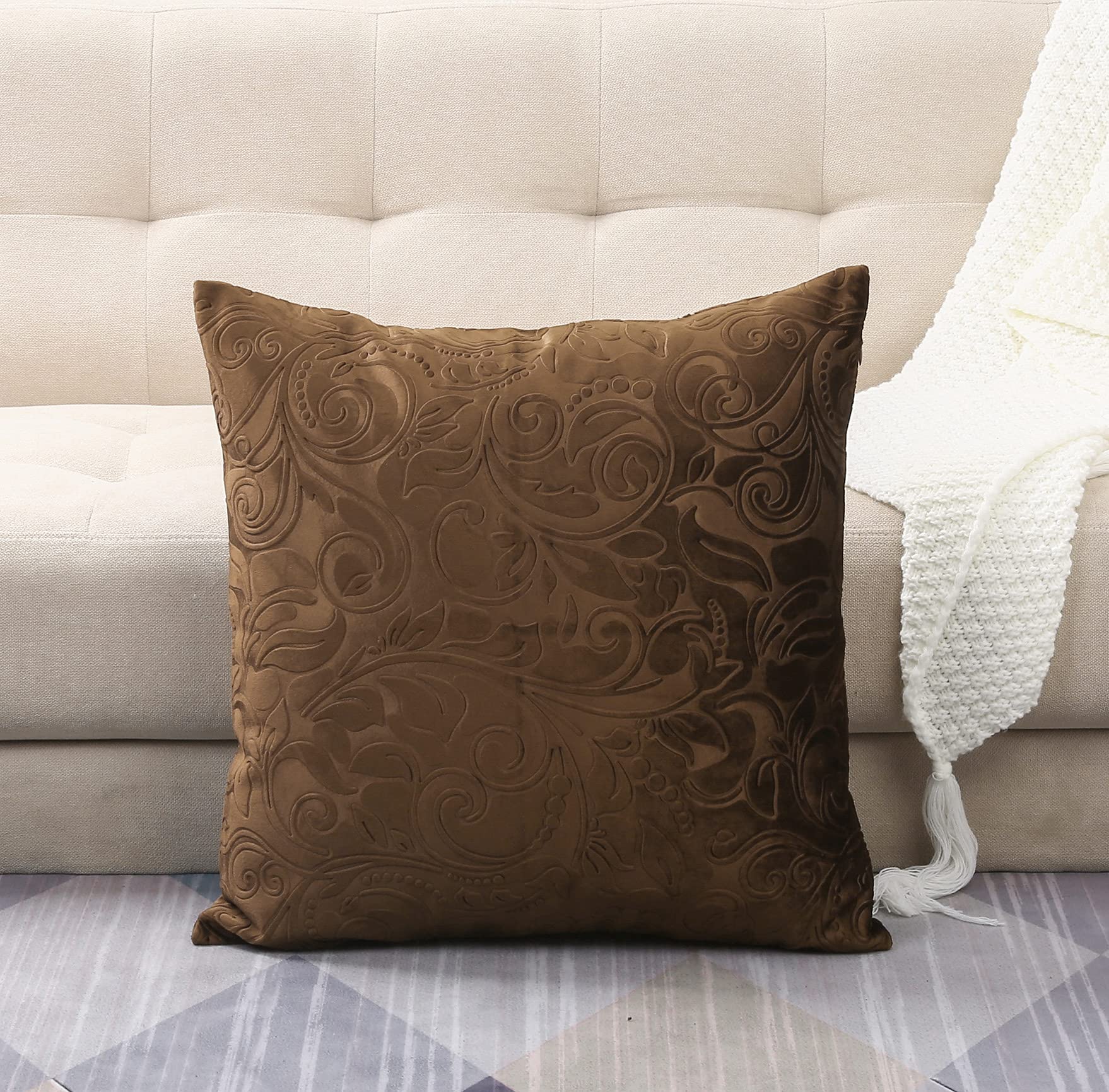 TangDepot Heavy Velvet Embossing Throw Pillow Cover, Classis Floral Anaglyph Velvet Fabric, Euro Sham, European Throw Pillow Cover, Indoor/Outdoor - (