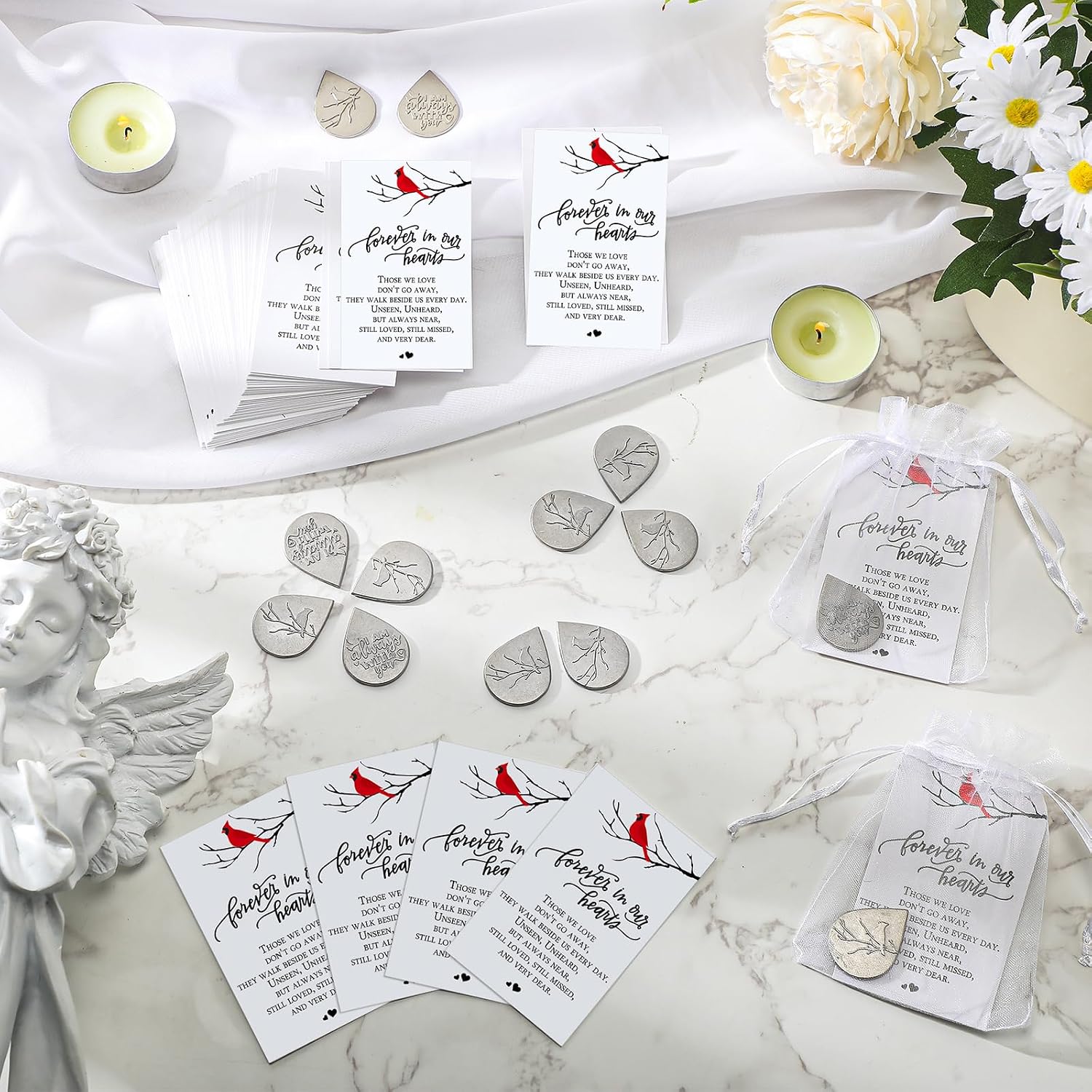 Ctosree 100 Set Funeral Gifts Celebration of Life Decorations Idea Mini Tear Shaped Memorial Ornament Pocket Token Cardinal Funeral Prayer Cards and Organza Bags Favors for Guests