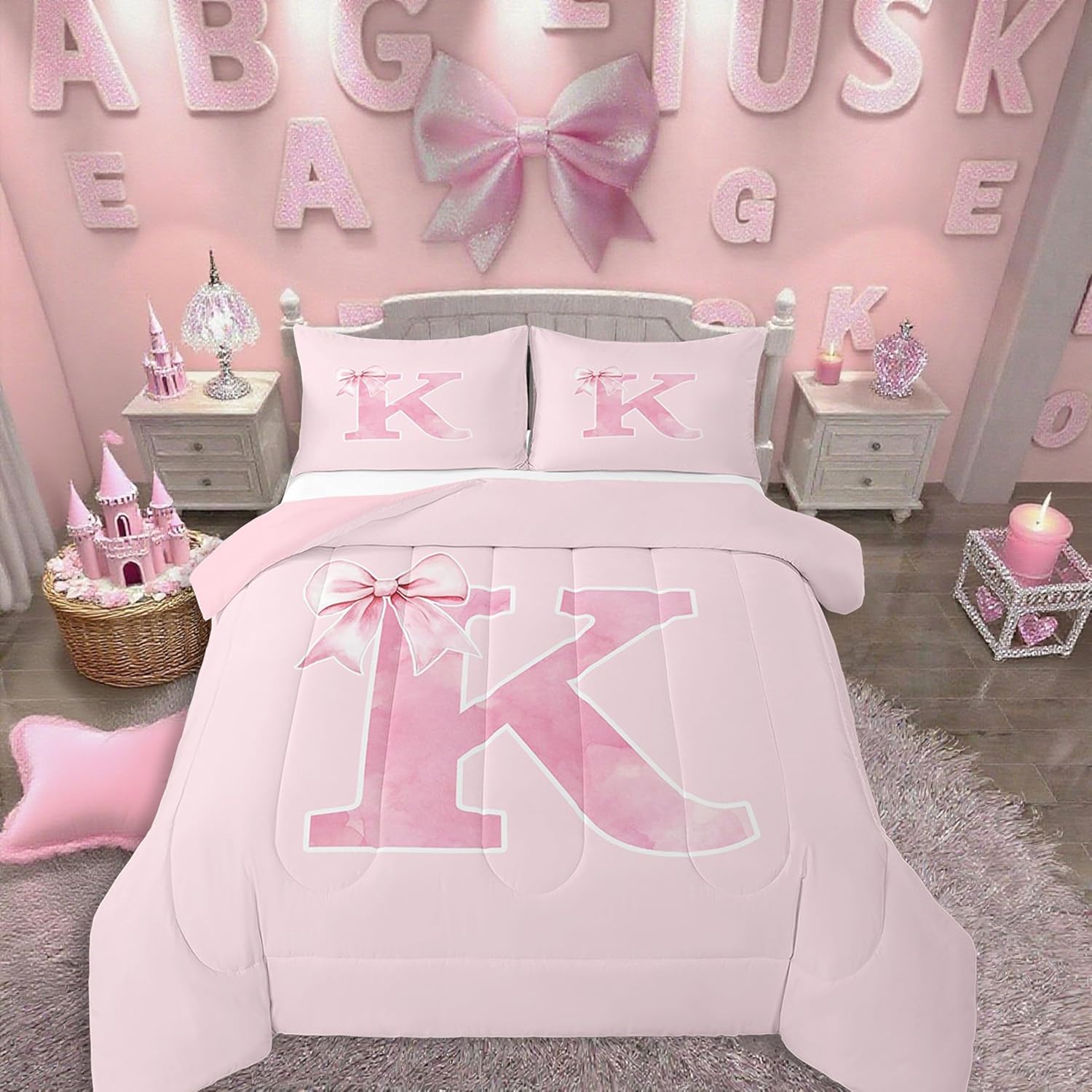 Erosebridal Pink Bow Comforter Set Full,Monogrammed Bedding Gifts for Women Teen Girls,Initial Letter K Quilt,Bowknot Initial Birthday Gifts Bedroom Room Decor for Her,All Season(K)
