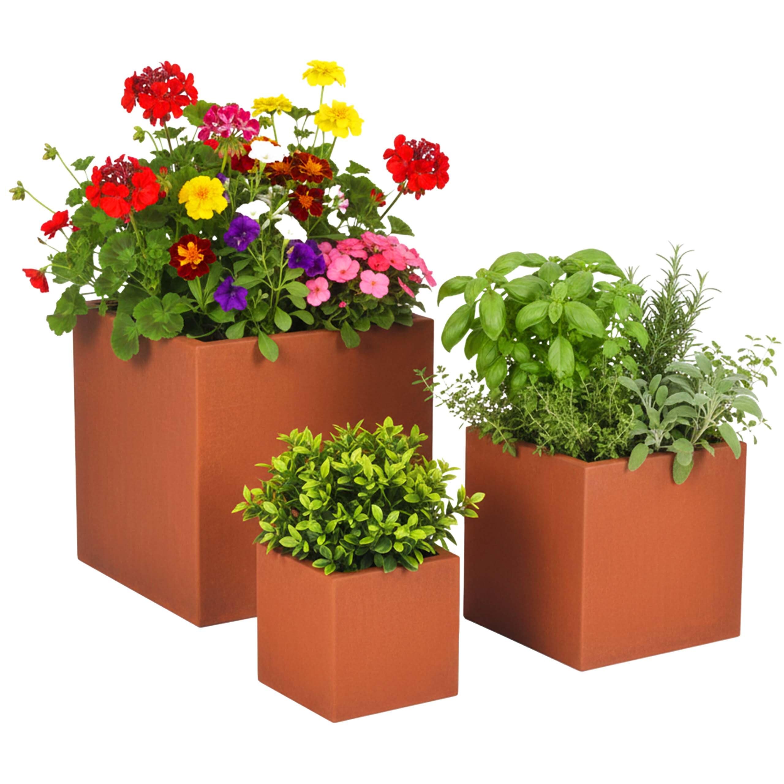 Relaxdays Planter Set, 3 Sizes, Rust Effect, Garden, Balcony, Square Planters, Carbon Steel, Rust-Brown
