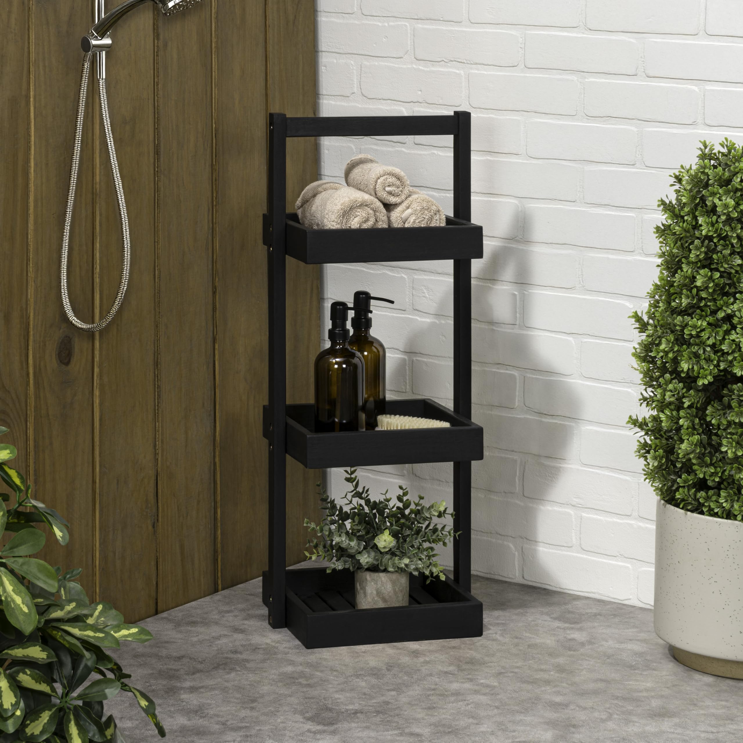 Eyely FHS1001B Bobbie 30 Classic Rustic 3-Tier Acacia Wood Standing Bathroom Shower Caddy for Shampoo Rack for Bath