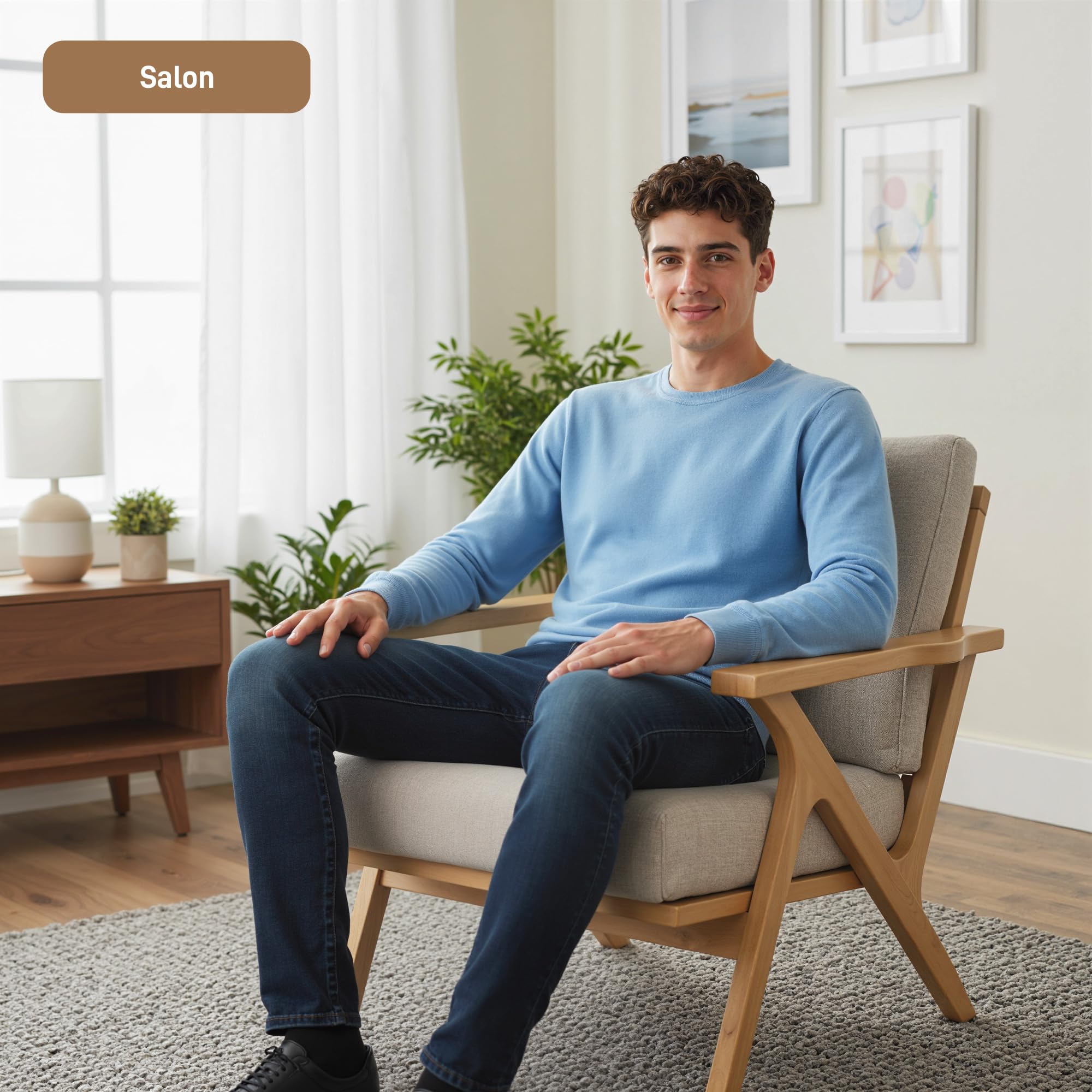 HOMCOM Wohnzimmersessel, skandinavischer Sessel aus Stoff in Leinenoptik mit dicken Kissen, gepolsterter Sitzfläche und Beinen aus Hevea-Holz, Wohnzimmerstuhl, Schlafzimmer, Leseecken, beige