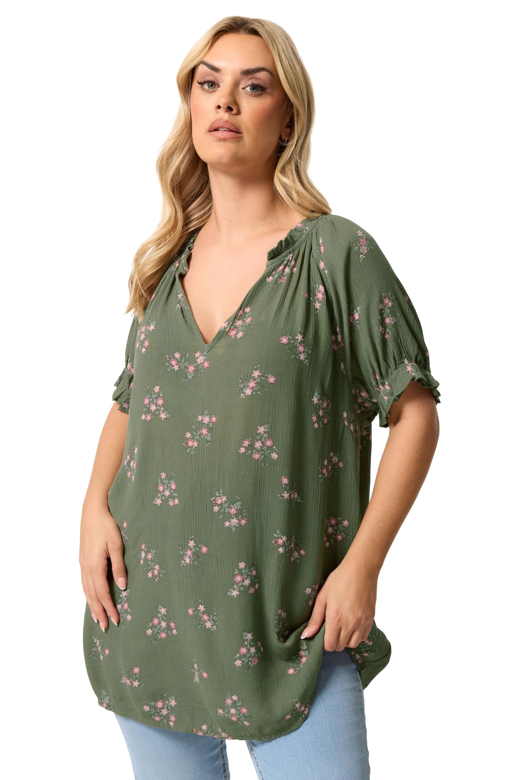 Yours Curve Green Floral Notch Neck Blouse - Women's - Plus Size Curve
