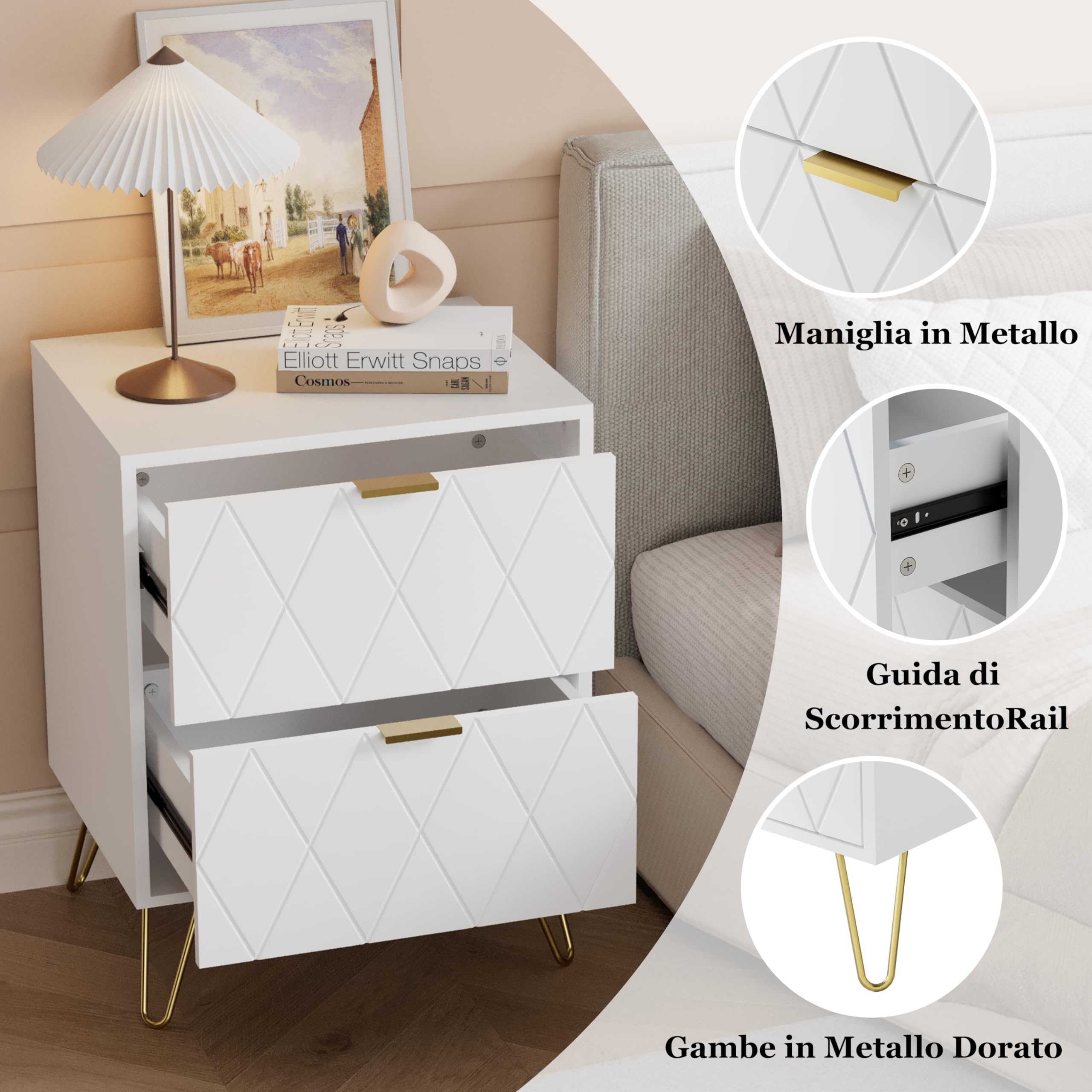 UEV Comodino Bianco Set di 2, Tavolini con 2 Cassetti in Legno ingegnerizzato Robusto, Comodino Piccolo Moderno con Maniglie e Gambe in Oro Cromato per Camera da Lett, 40 x 30 x 52 cm, Bianco