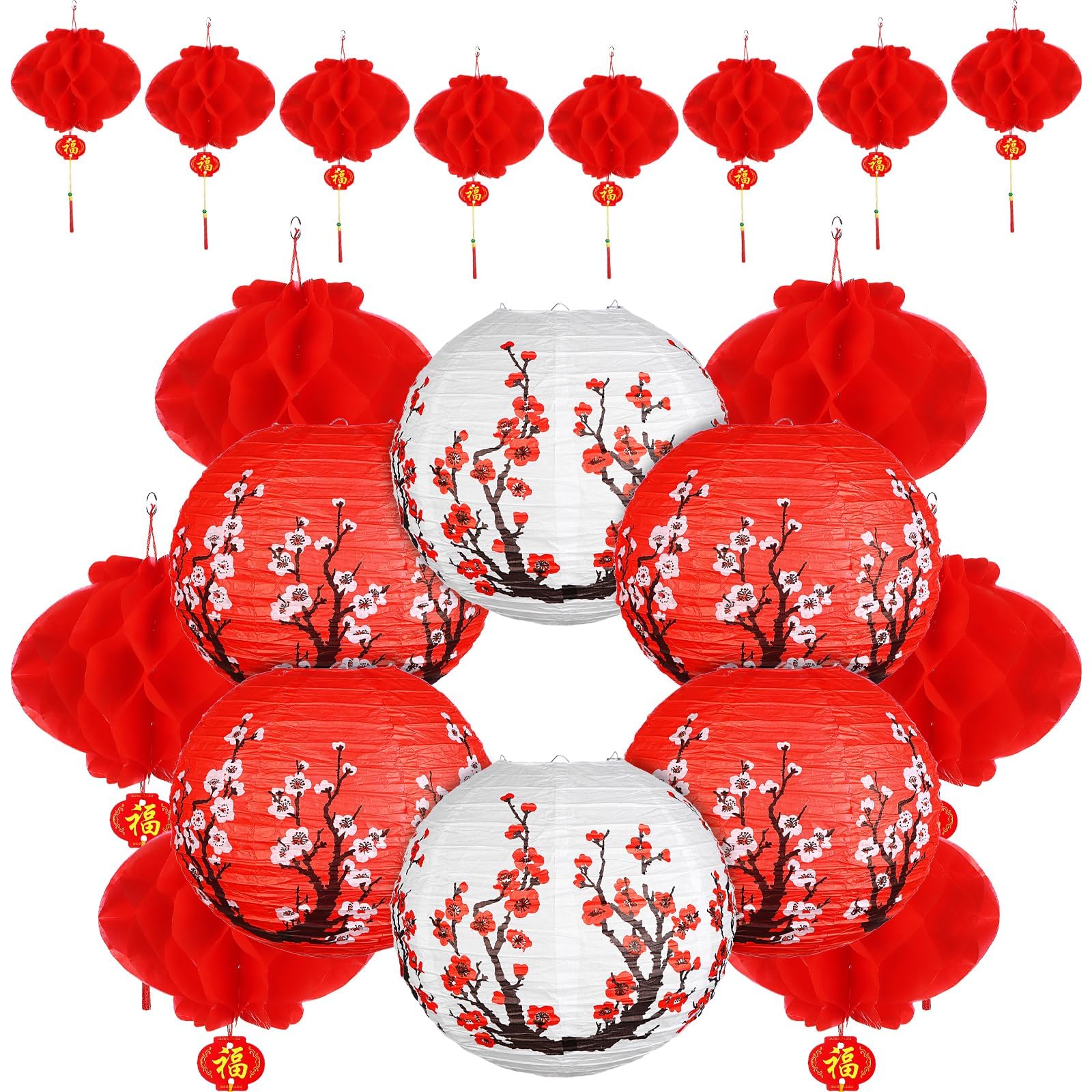 – 26 Pcs Chinese New Year Decorations Lanterns 12" Chinese Japanese Paper Lantern and 9" Chinese Red Lanterns Cherry Blossom Decorative Hanging Lanterns for Spring Festival Mid Autumn Home Party