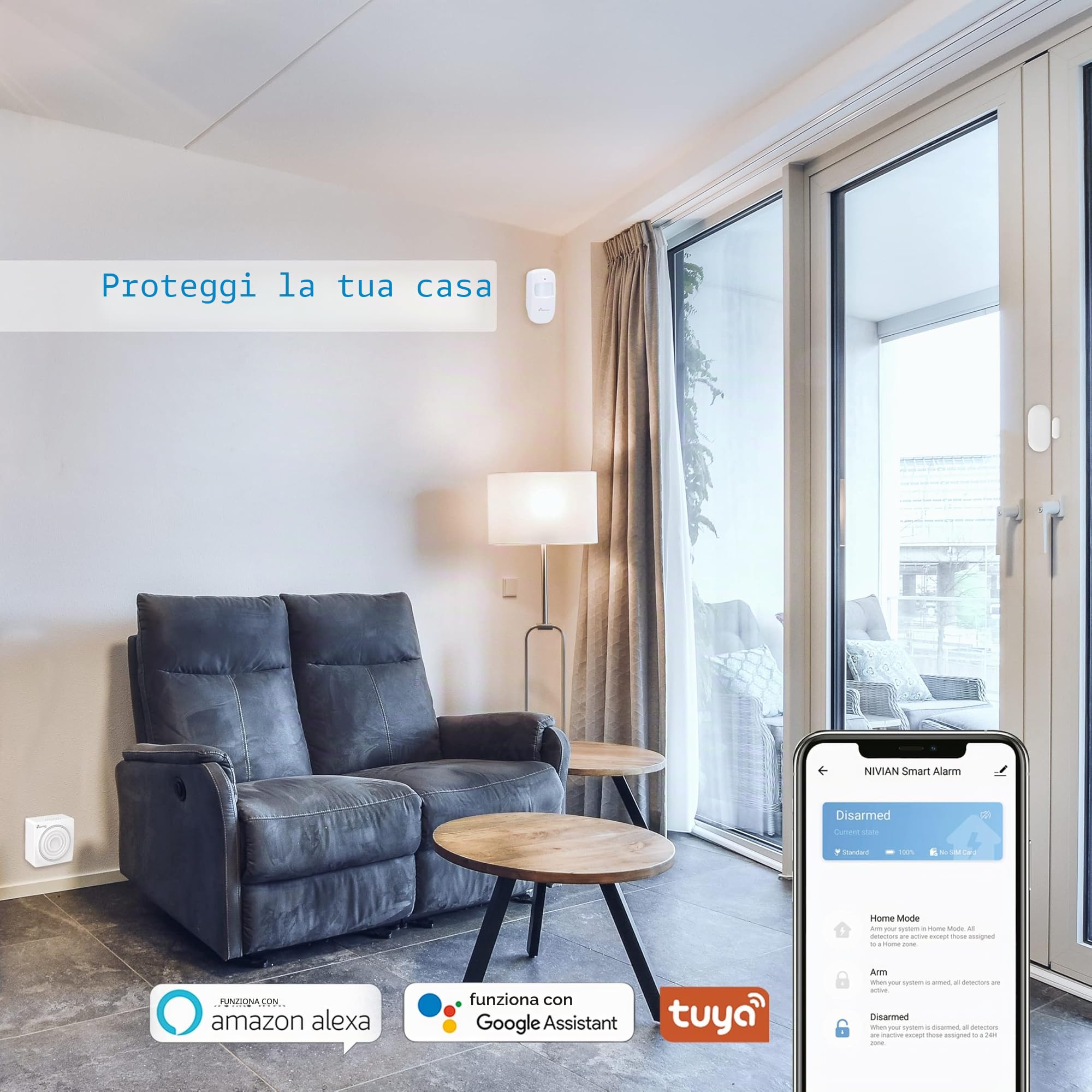 Sistema di allarme Nivian per casa e azienda senza canone mensile | Kit Allarme Wifi con Controllo Remoto tramite APP Tuya | Funzione SOS | Installazione semplice senza cavi
