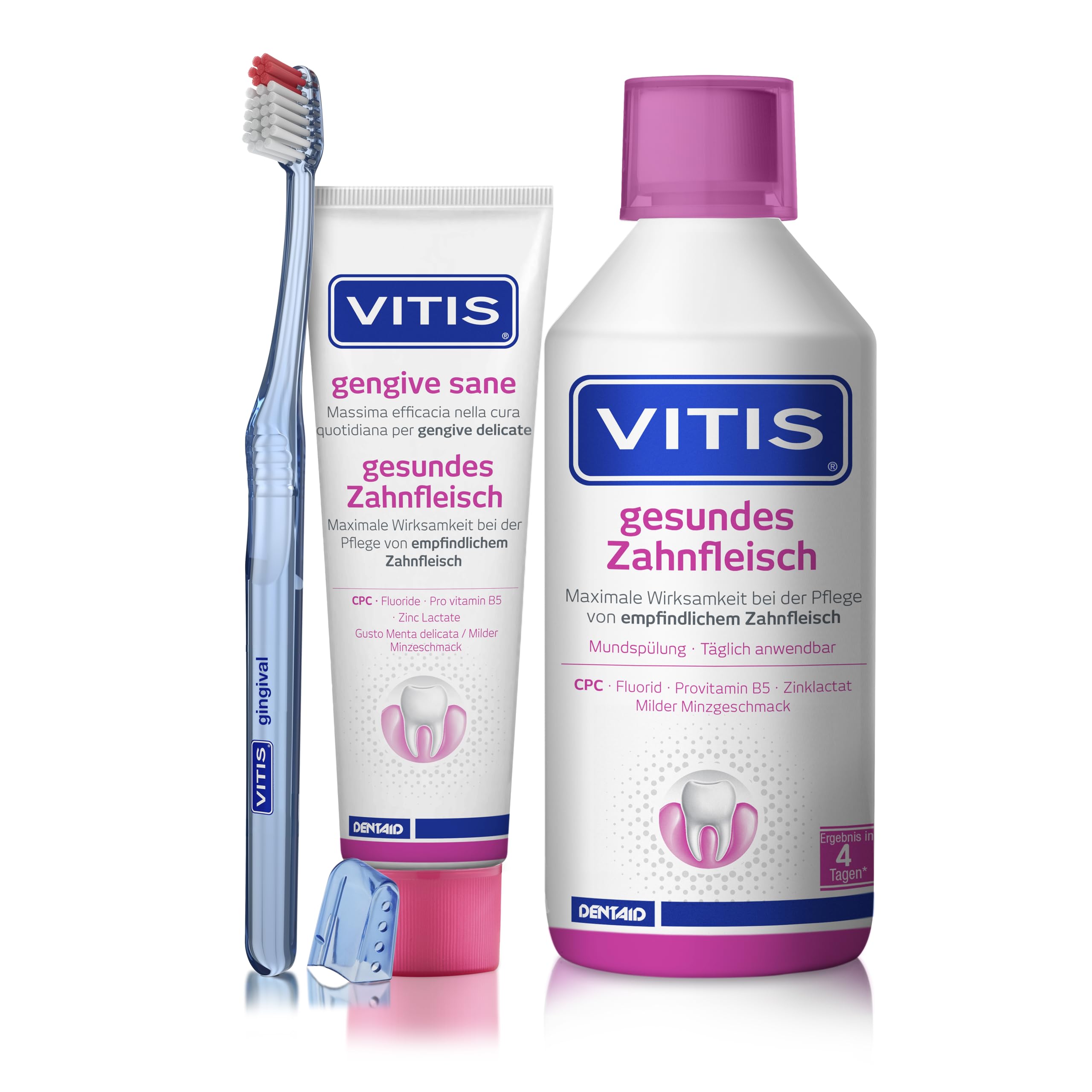 VITIS Kit de cuidado dental saludable para las encías – pasta de dientes y enjuague bucal + cepillo de dientes gingival – para el cuidado bucal diario