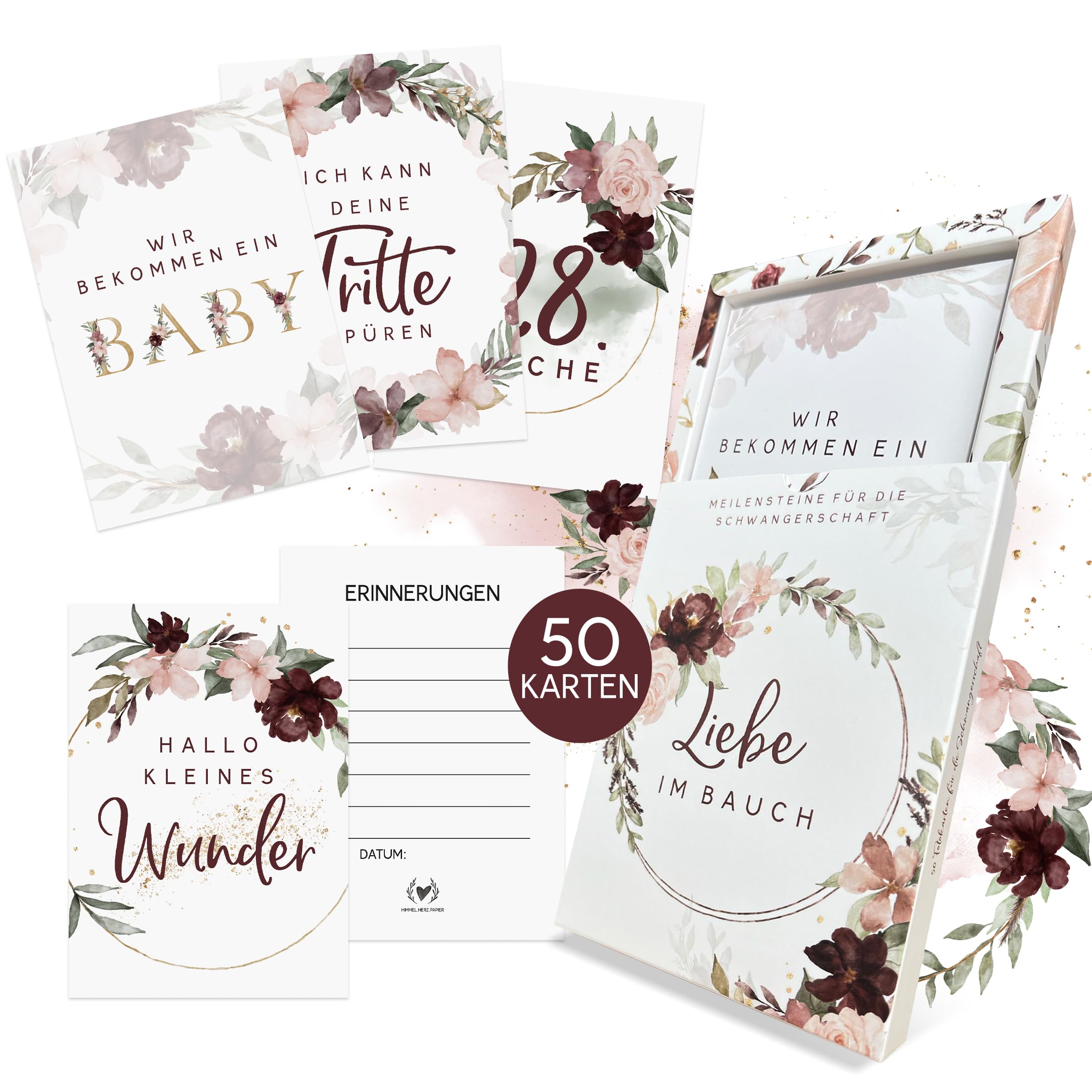 HIMMEL.HERZ.PAPIER® Meilensteinkarten Schwangerschaft verkünden - Geschenk für Schwangere - 50 Karten inkl. Geschenkbox - Liebe im Bauch
