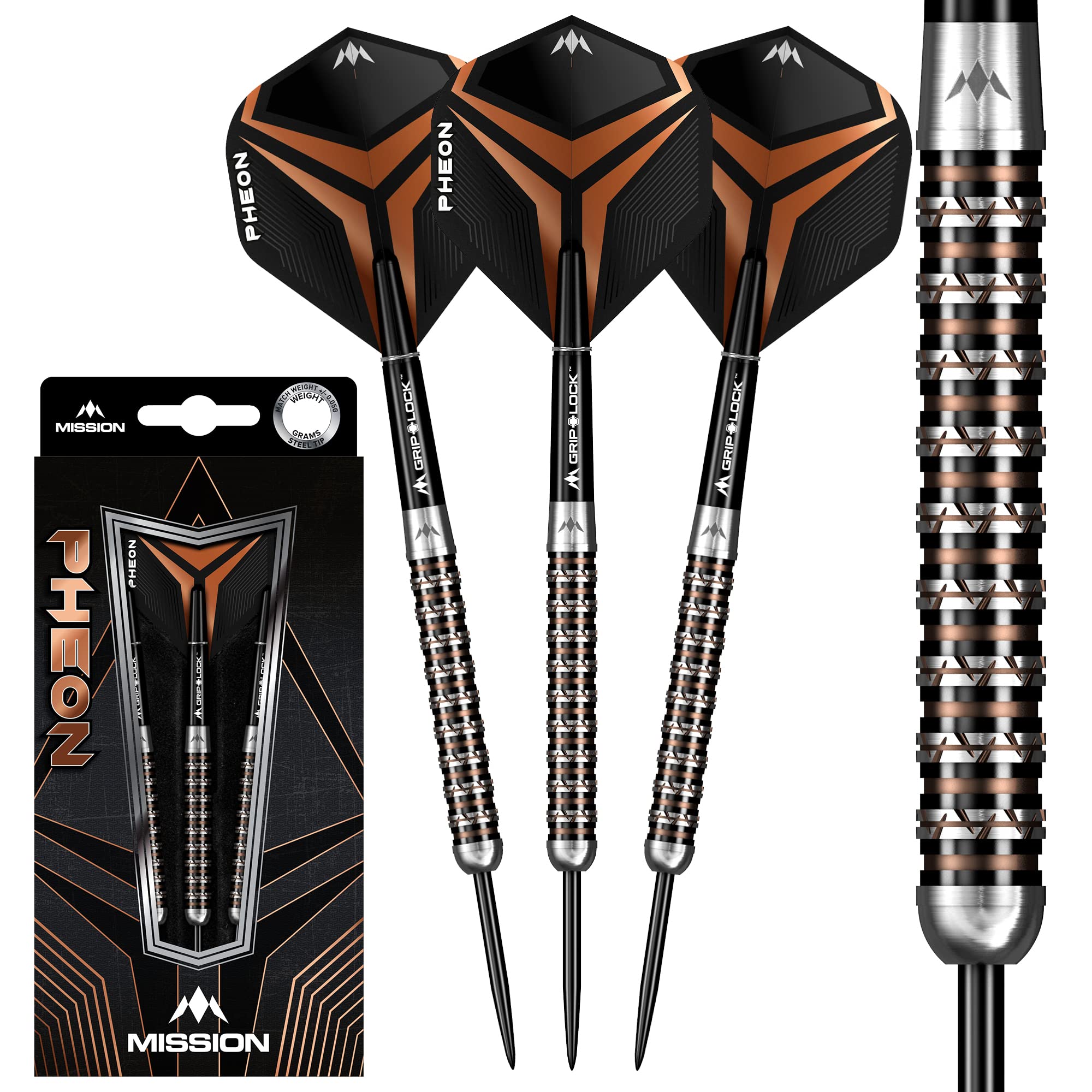 Mission Darts Pheon | Darts Set with Premium 90% Tungsten Black and Bronze Electro Coated Barrel and Steel Tip
