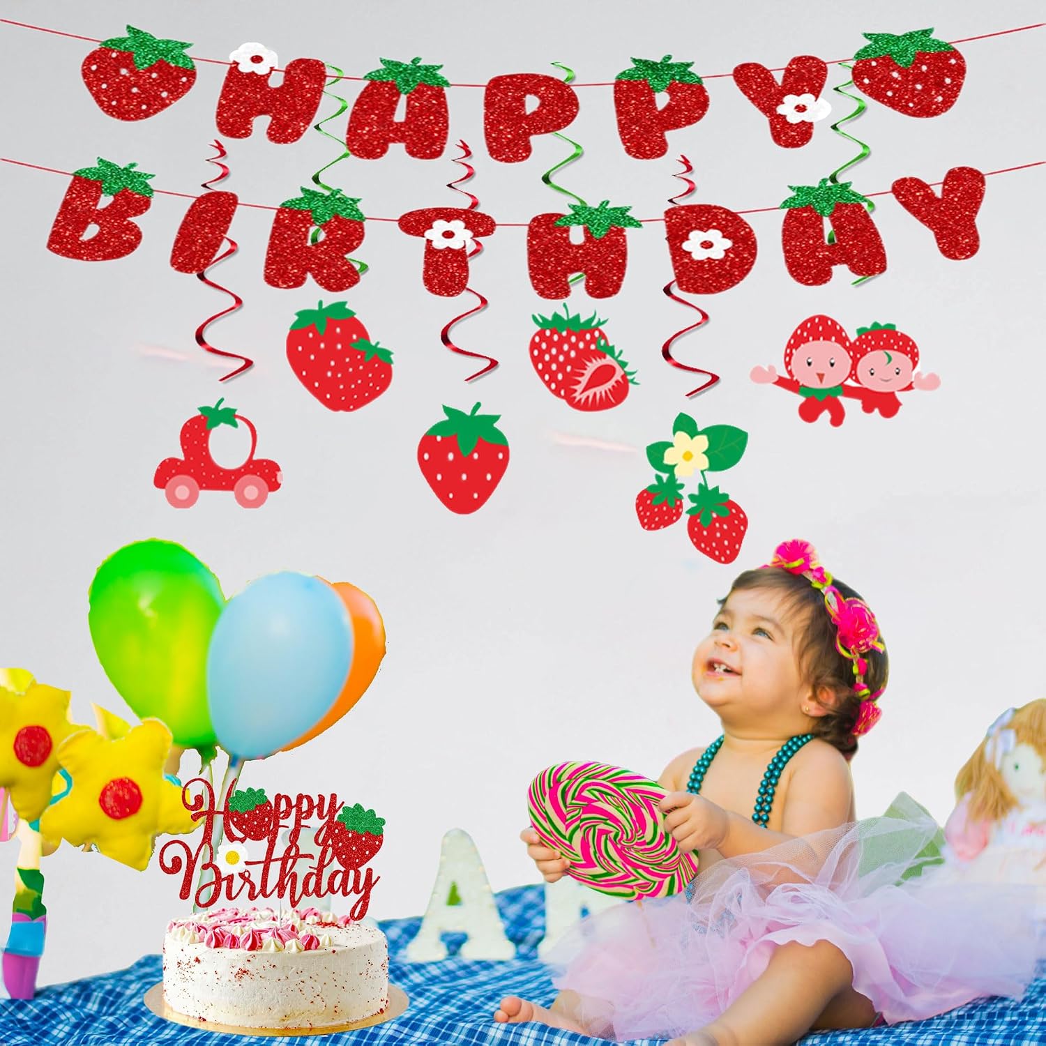 Strawberry Birthday Banner with Hanging Swirls – Glitter Happy Birthday Strawberry Party Decorations Set, Ceiling Swirl Decor for Girls, Kids and Baby Shower(Red & Green)