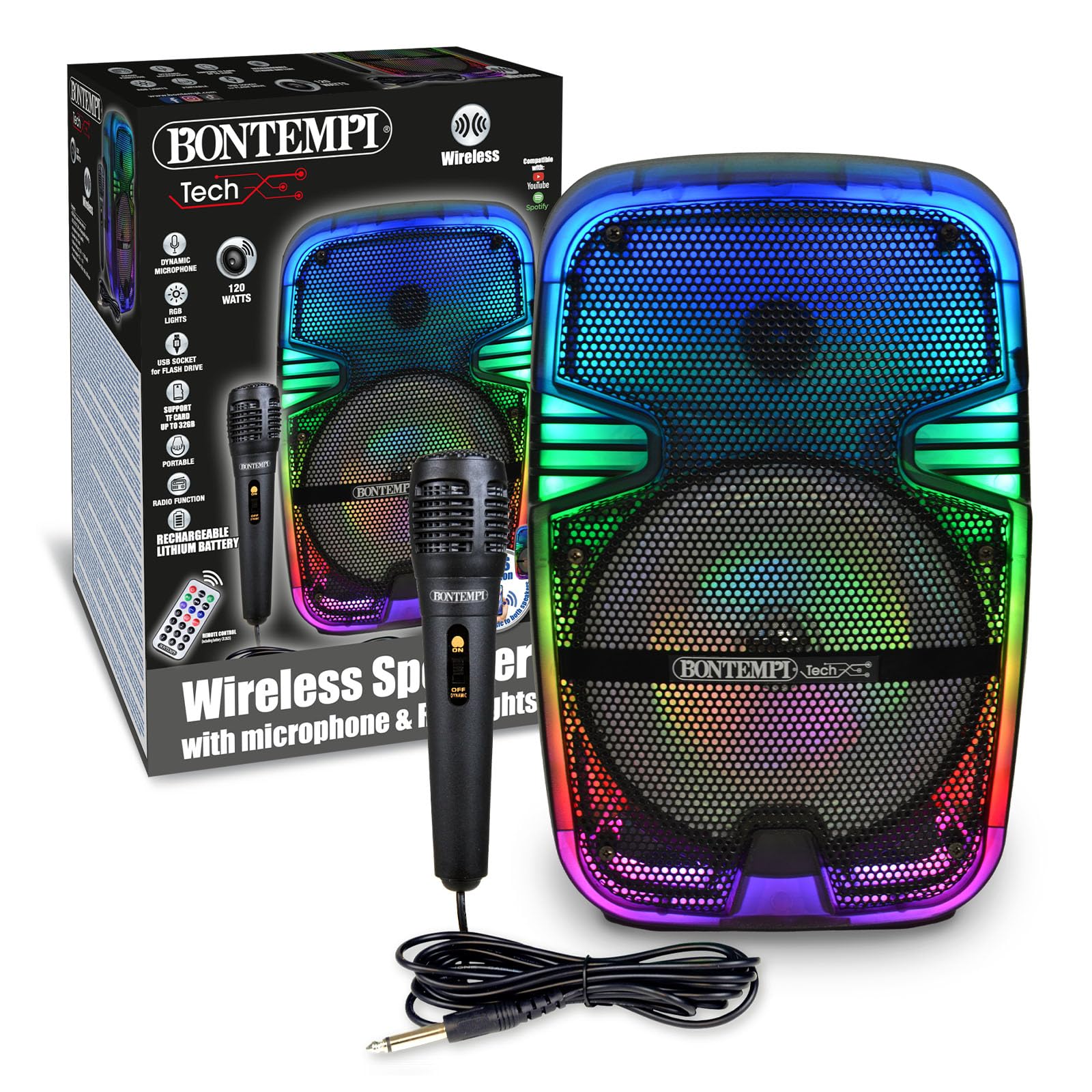 Bontempi | Cassa Luminosa Acustica Wireless con Microfono e Luci RGB, Telecomando, Display, Funzione TWS, 37x24x19.5 cm