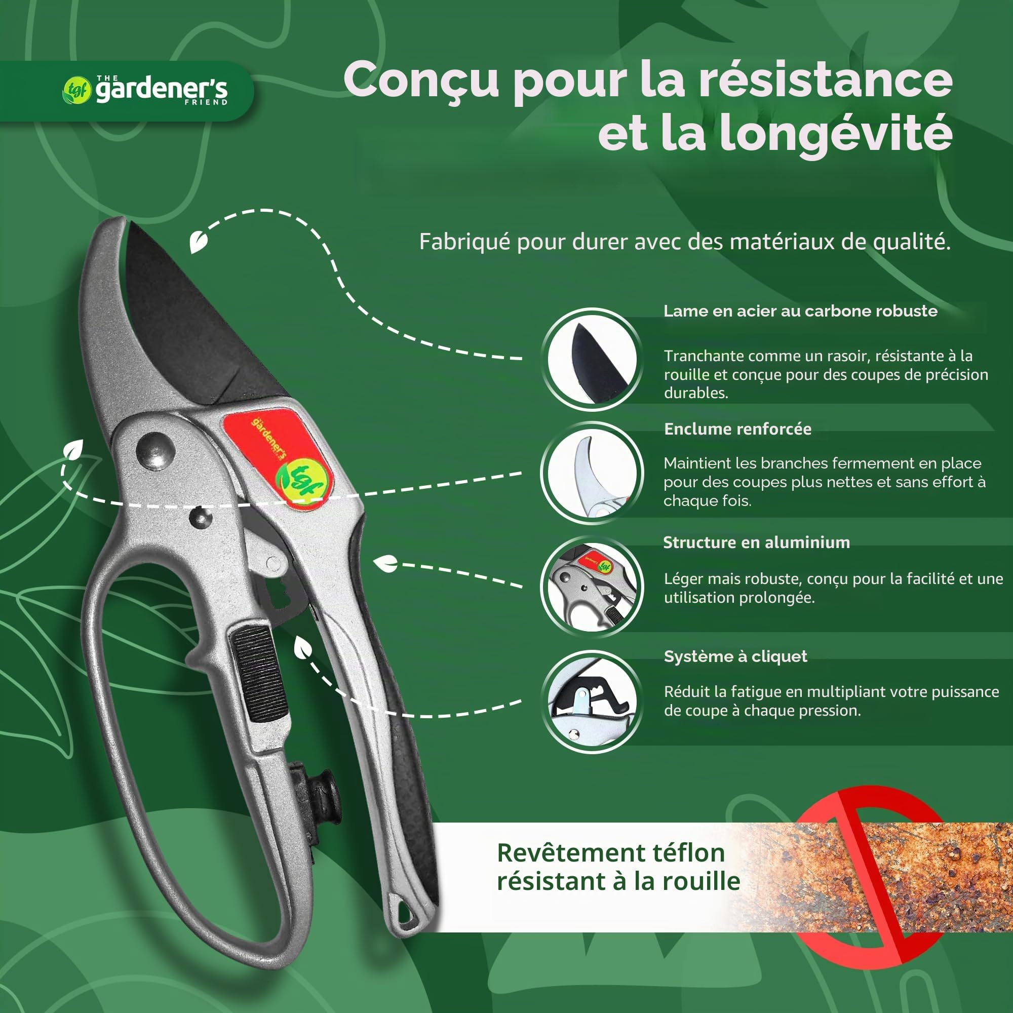 Sécateur à cliquet - Pour les mains affaiblies mais robuste et adapté pour tout travail de taille - Cadeau idéal pour les jardiniers
