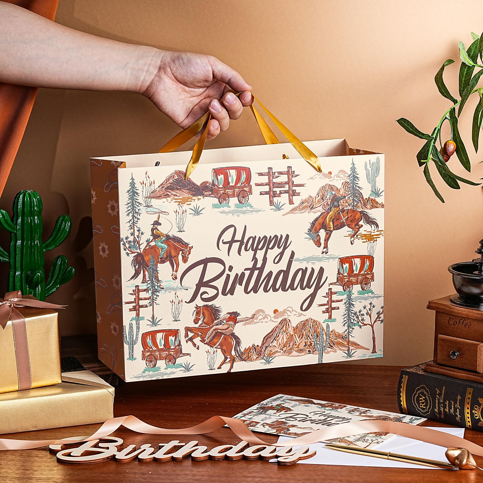 WRAPAHOLIC 13" Cowboy Birthday Gift Bags with Tissue Paper and Card - Brown Cowboy Theme Paper Bags for Men Birthday Western Theme Party Rodeo Stuffer