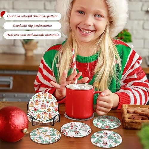 Miniatura 6 de 8 piezas de posavasos de pintura de diamantes de acuarela de Navidad con soporte, posavasos de arte de diamantes de acuarela de Navidad con bases de