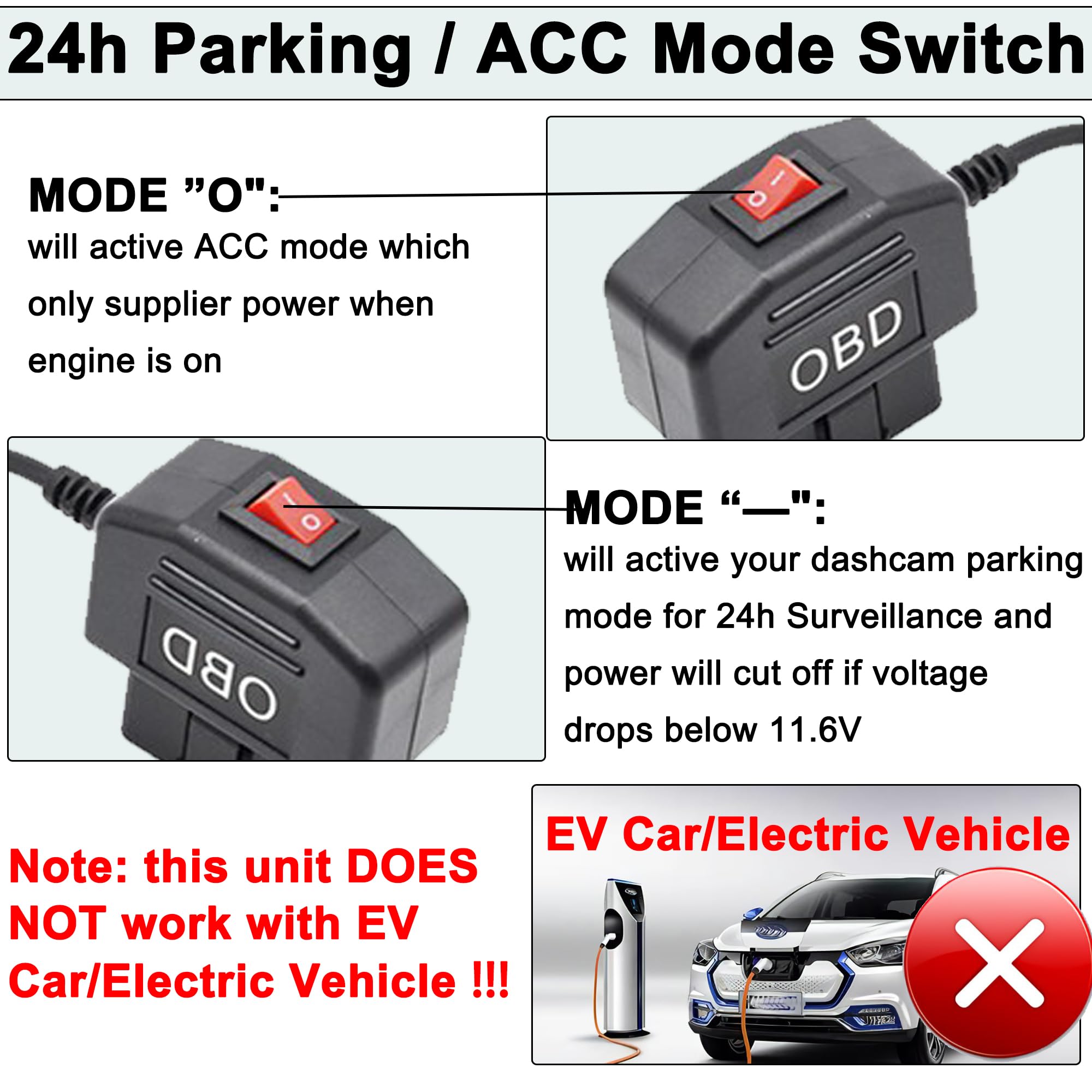 OBD Power Cable for Dash Camera, OBD2 to USB C Adapter, 12-24V to 5V 3A, 24h Parking Mode with Switch, 3.5M