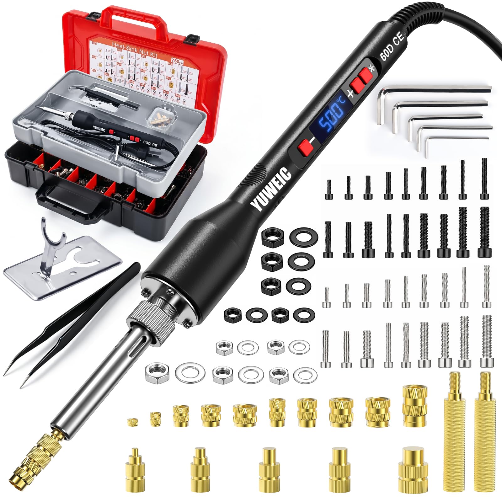60W Heat Set Insert Tool Kit Digital Soldering Iron with Adjustable Temperature 392°F–932°F, M2/M3/M4/M5/M6 Heat Insert Tips, Threaded Insert Installation for 3D Printing DIY Plastic Repair Tool