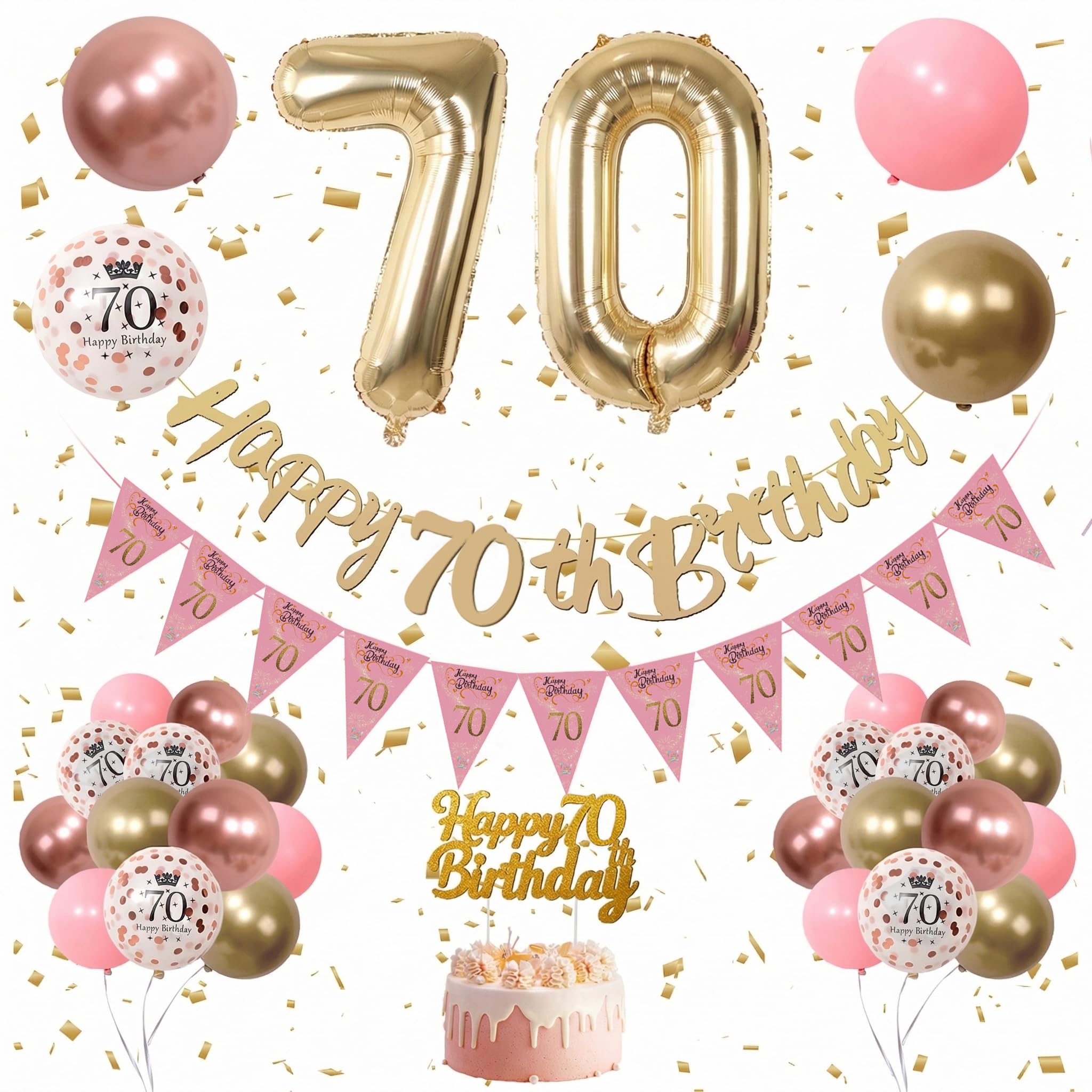 70th Birthday Women Decoration - Retro Pink and Gold Balloons, Confetti, Number 70 Foil Balloons for Woman Celebration — image 1