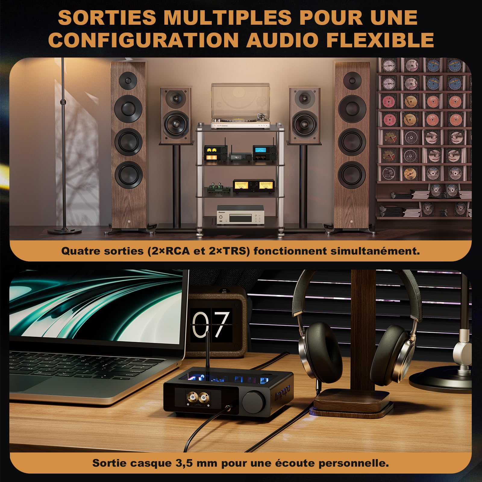 Convertisseur Numérique-Analogique Ampapa Q1: Adaptateur DAC USB HiFi 768kHz/32bit DSD512, Ampli Casque Bluetooth APTX-HD avec ESS9039+AK4493 pour Amplificateurs Stéréo Domestiques et Écoute de Bureau
